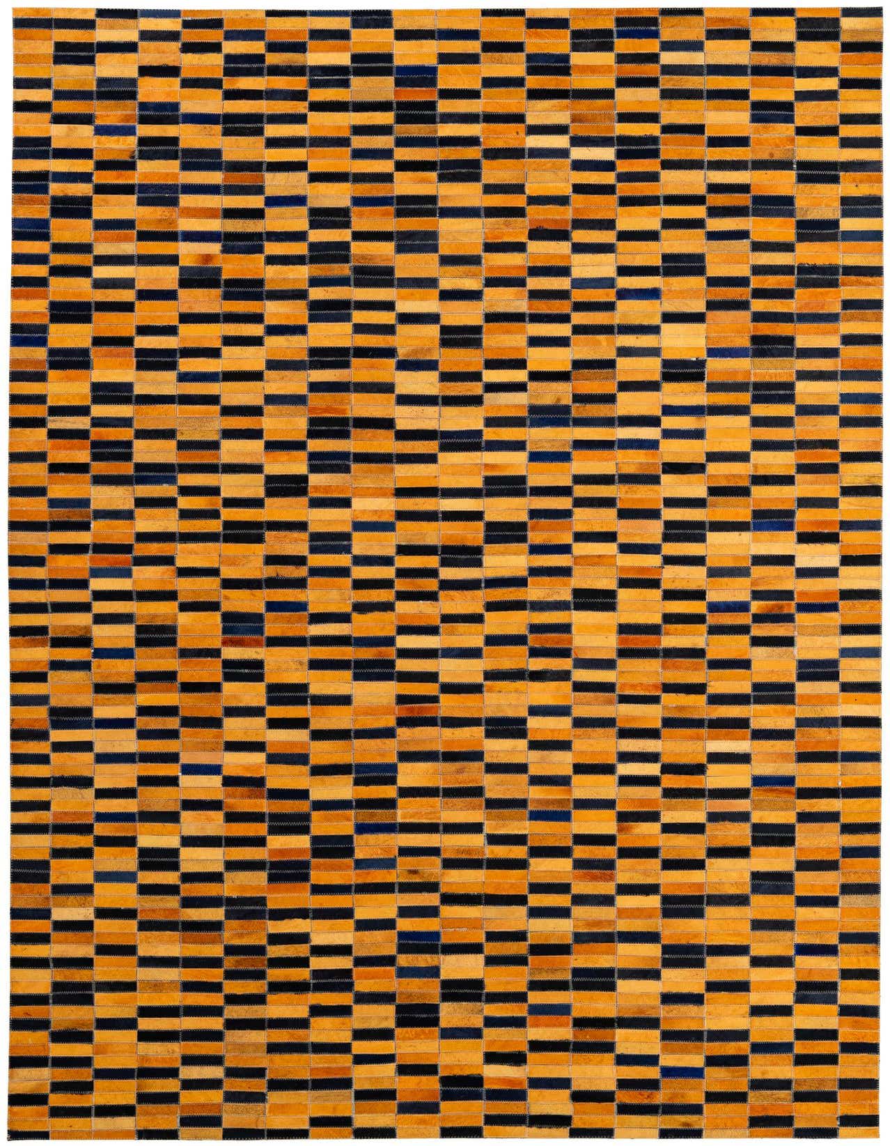 A 5x8 rectangular yellow and black patchwork cowhide rug with a modern striped pattern, perfect for a living room.