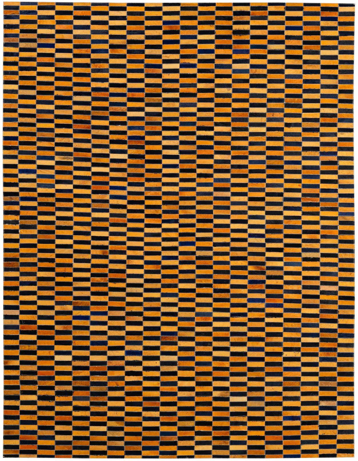 A 5x8 rectangular yellow and black modern patchwork cowhide rug with a striped pattern, suitable for a living room.