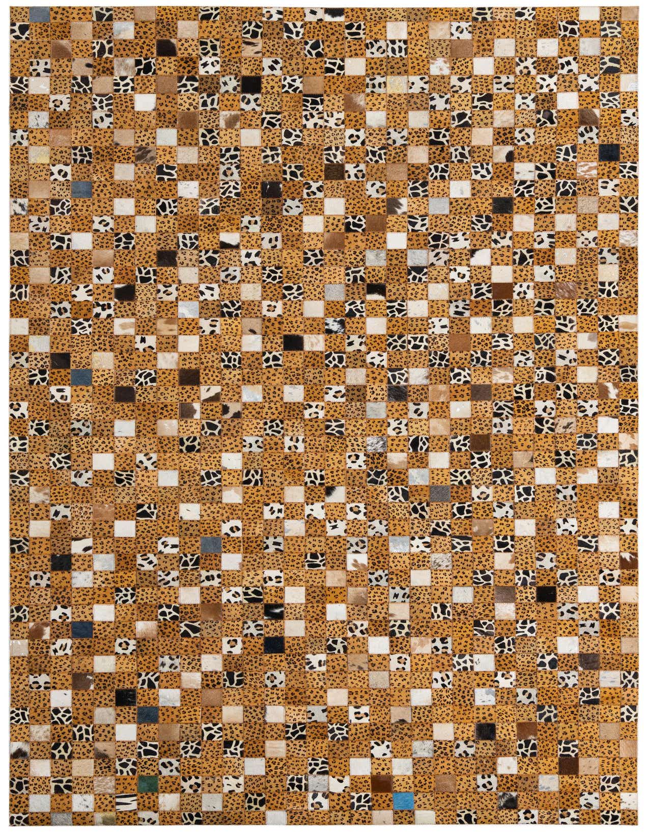 A rectangular 5x8 modern rug featuring a patchwork of yellow and gold leopard print cowhide squares interspersed with solid and patterned leather squares in white, black, brown, and gray tones.