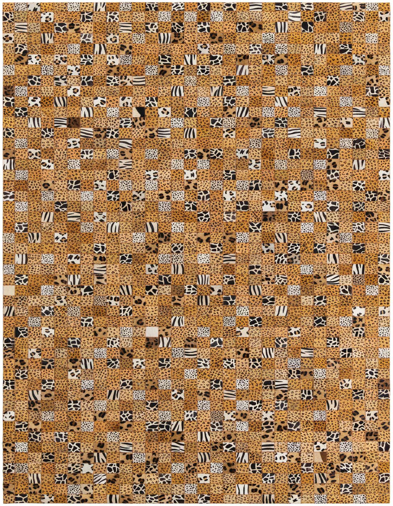 A 5x8 rectangular Cowhide Leather rug featuring a modern patchwork of yellow and gold animal prints, including leopard, cheetah, and zebra patterns.