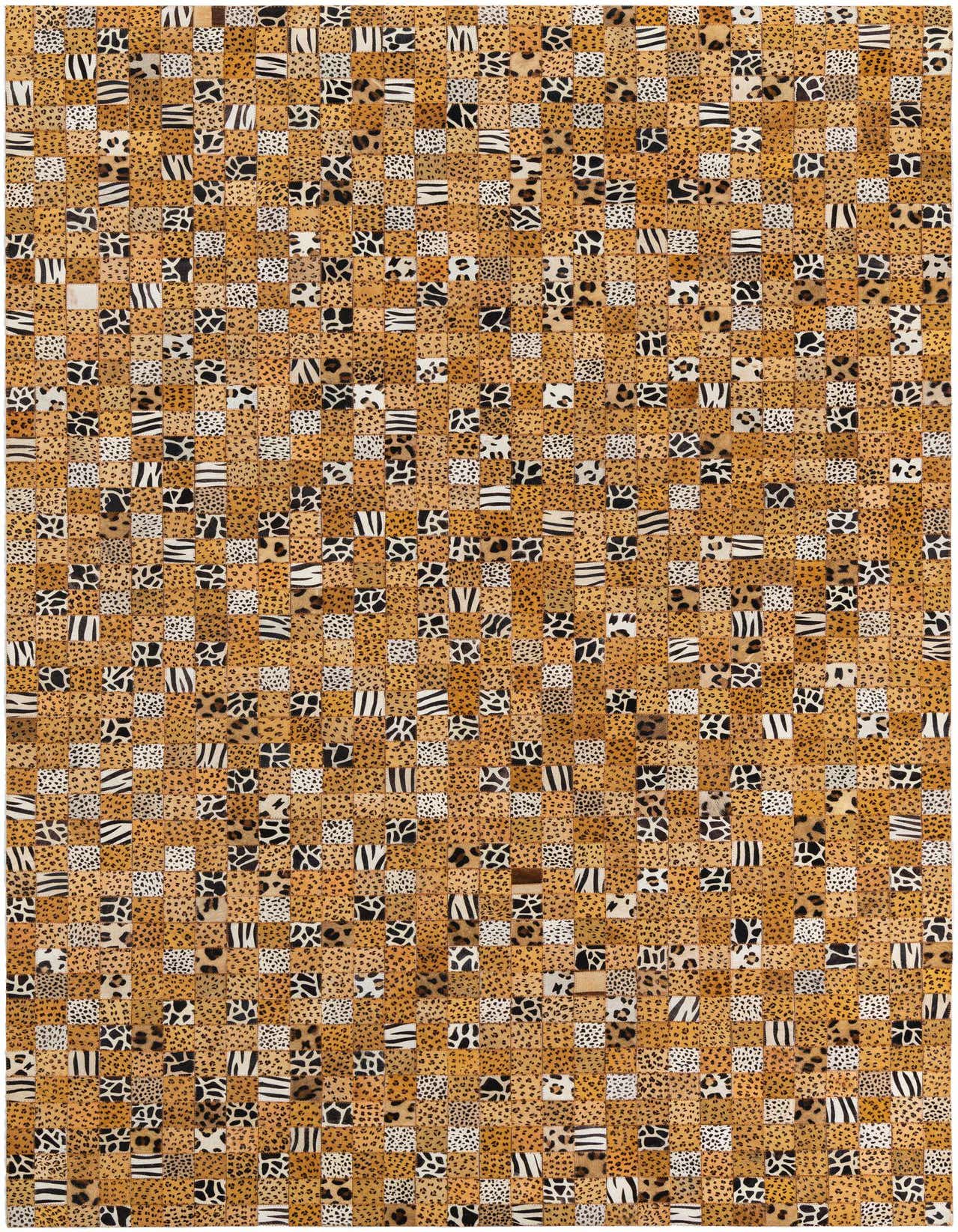 A 5x8 rectangular patchwork rug made from cowhide and leather, featuring a mix of yellow and gold leopard print, zebra stripes, and dalmatian spots.