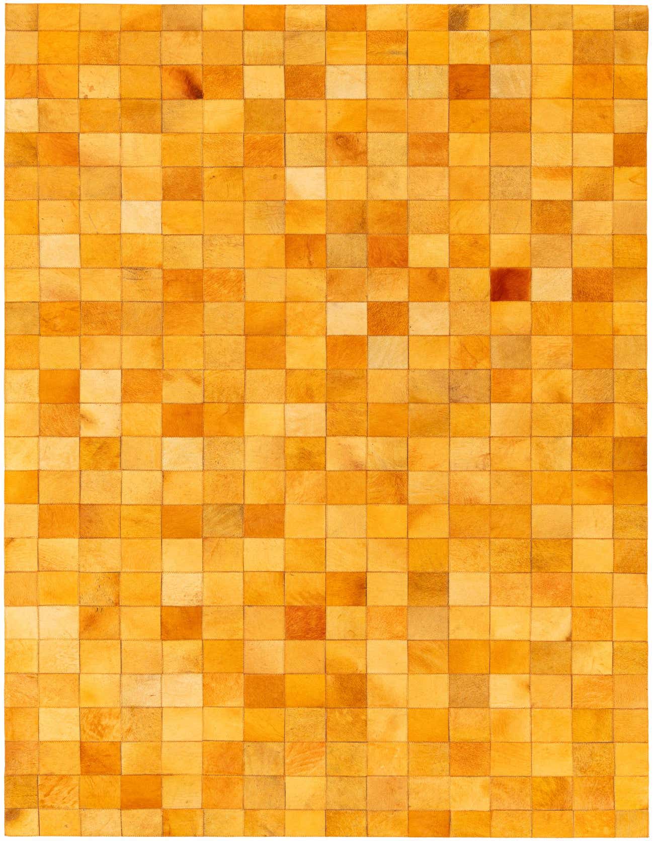 A 5x8 rectangular modern cowhide rug featuring a patchwork of varying yellow and gold squares.