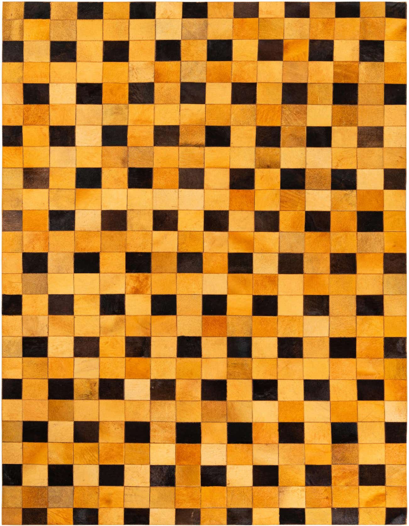 A rectangular 5x8 modern cowhide rug featuring a checkerboard pattern of alternating yellow/gold and dark brown/black squares.