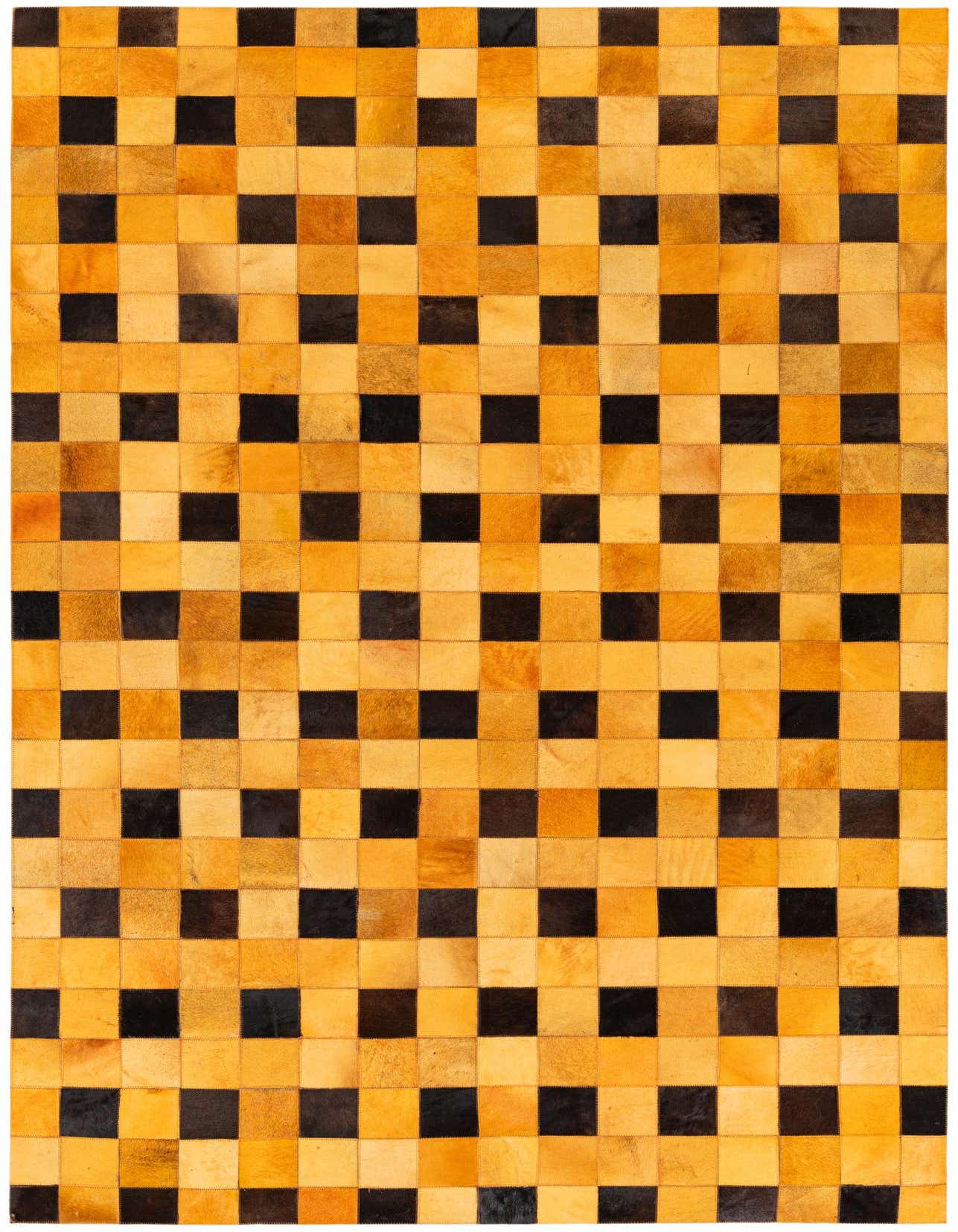 A 5x8 rectangular Cowhide Stocks rug featuring a modern checkerboard pattern of varying yellow and gold squares with occasional dark brown squares.