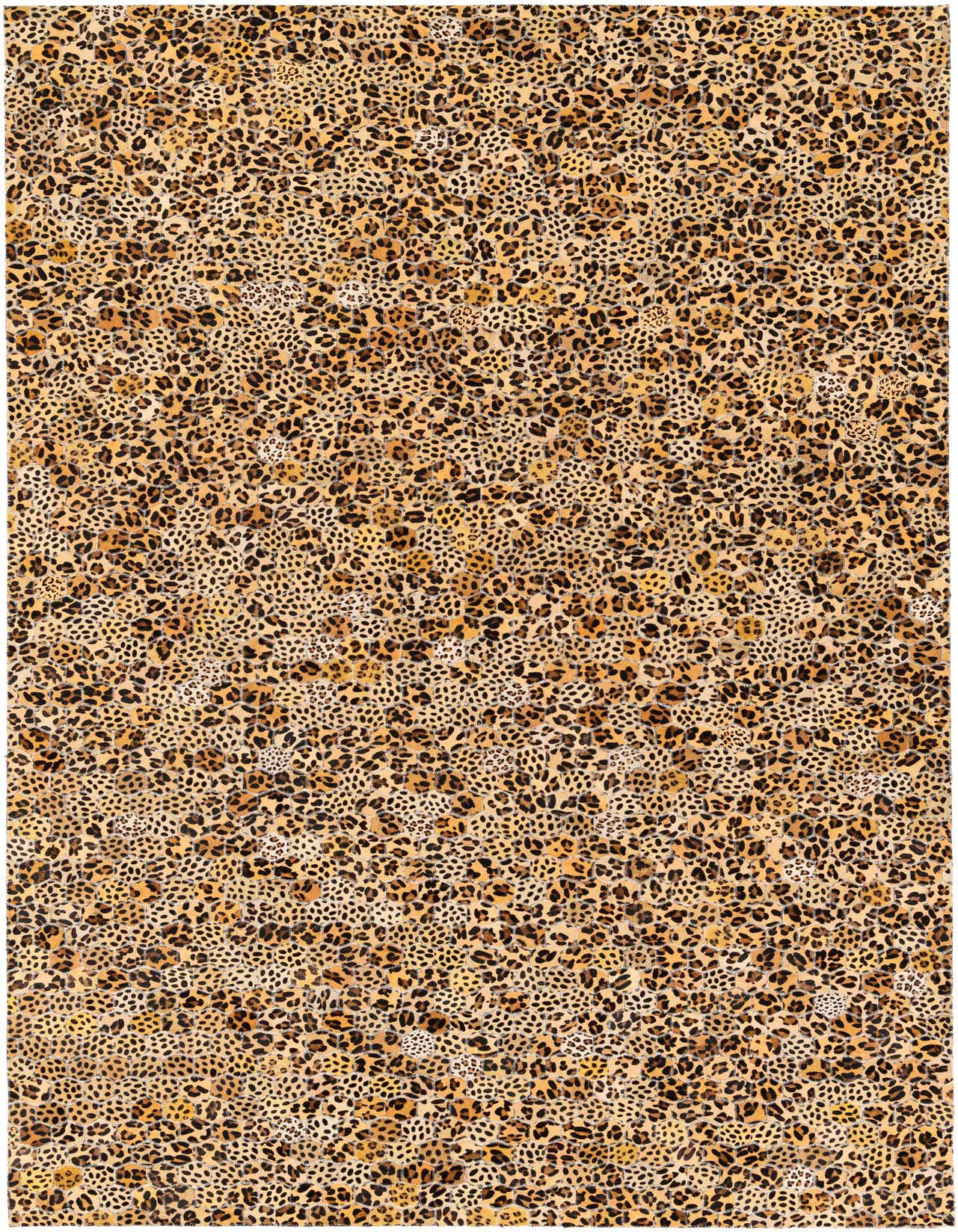 A rectangular 5x8 modern cowhide rug featuring a vibrant yellow and gold leopard print pattern.
