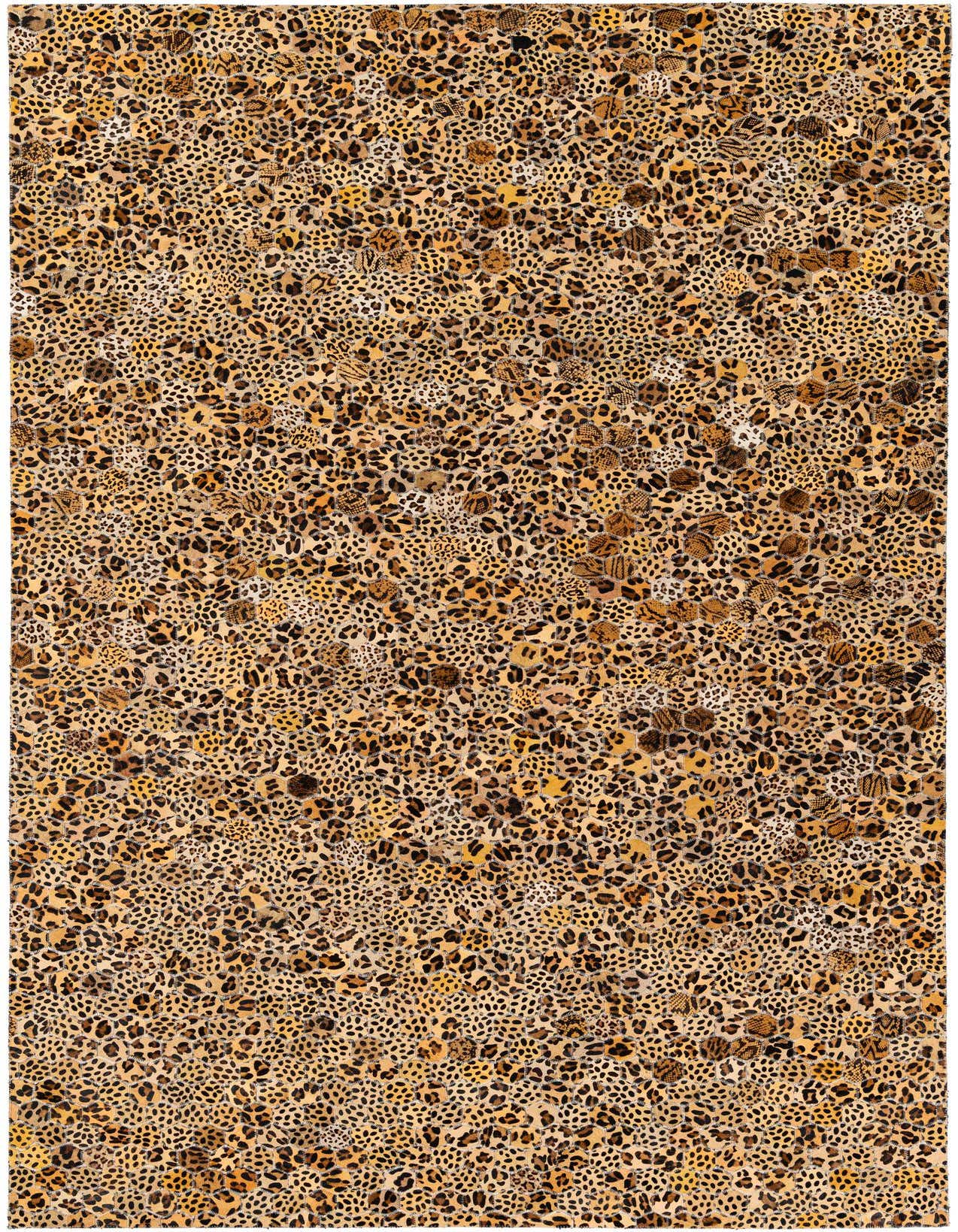 A 5x8 rectangular Cowhide Stocks rug in yellows and golds, featuring a modern animal print pattern, ideal for a living room.