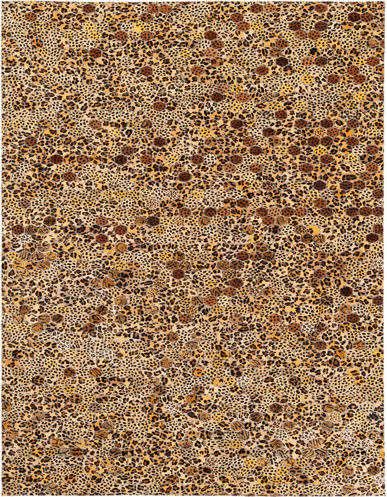 A rectangular 5x8 modern cowhide rug in yellows and golds, featuring a dense, varied leopard print pattern.