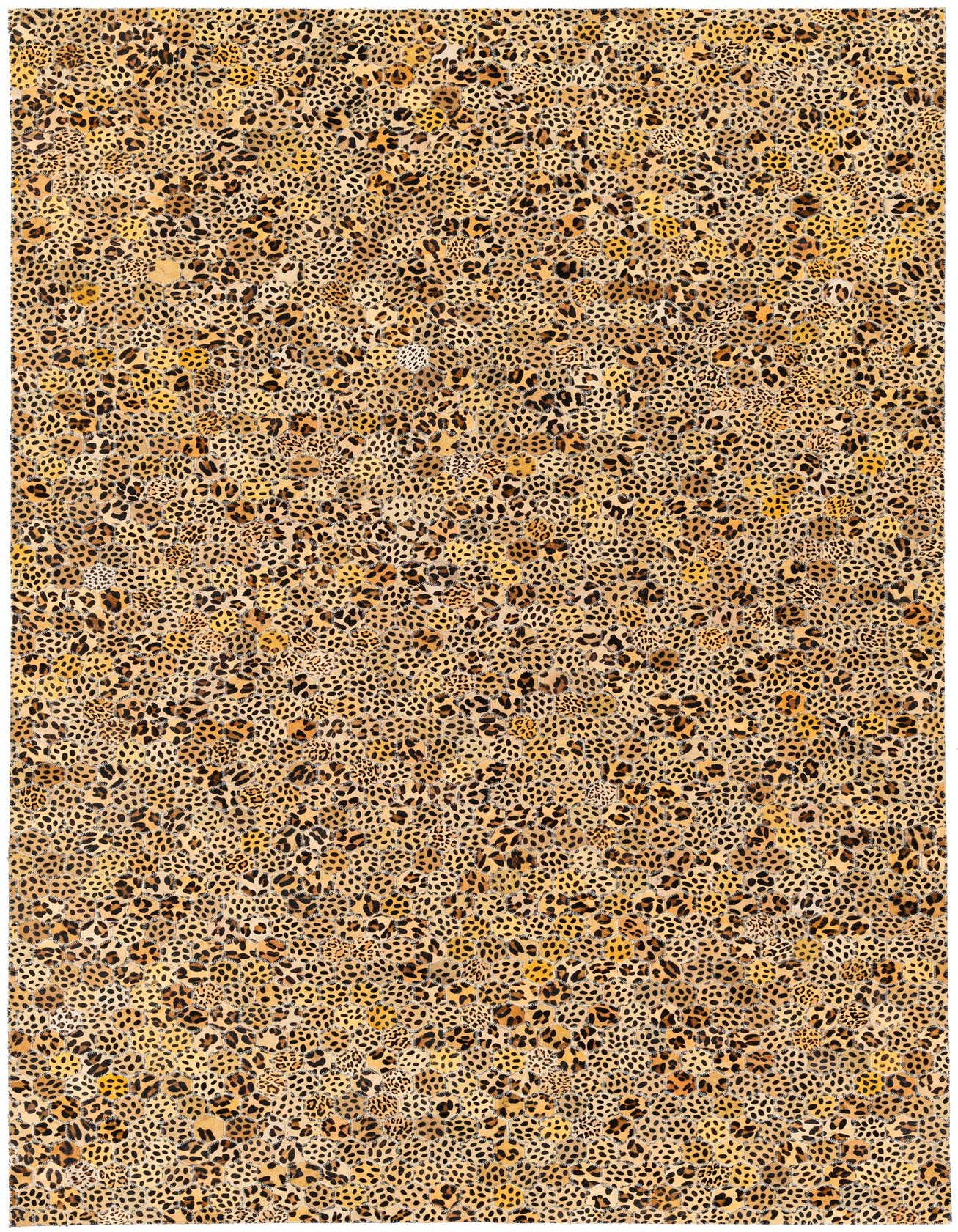 A rectangular 5x8 cowhide rug featuring a dense, mottled pattern of various yellow and gold tones with small black spots, suitable for a living room.