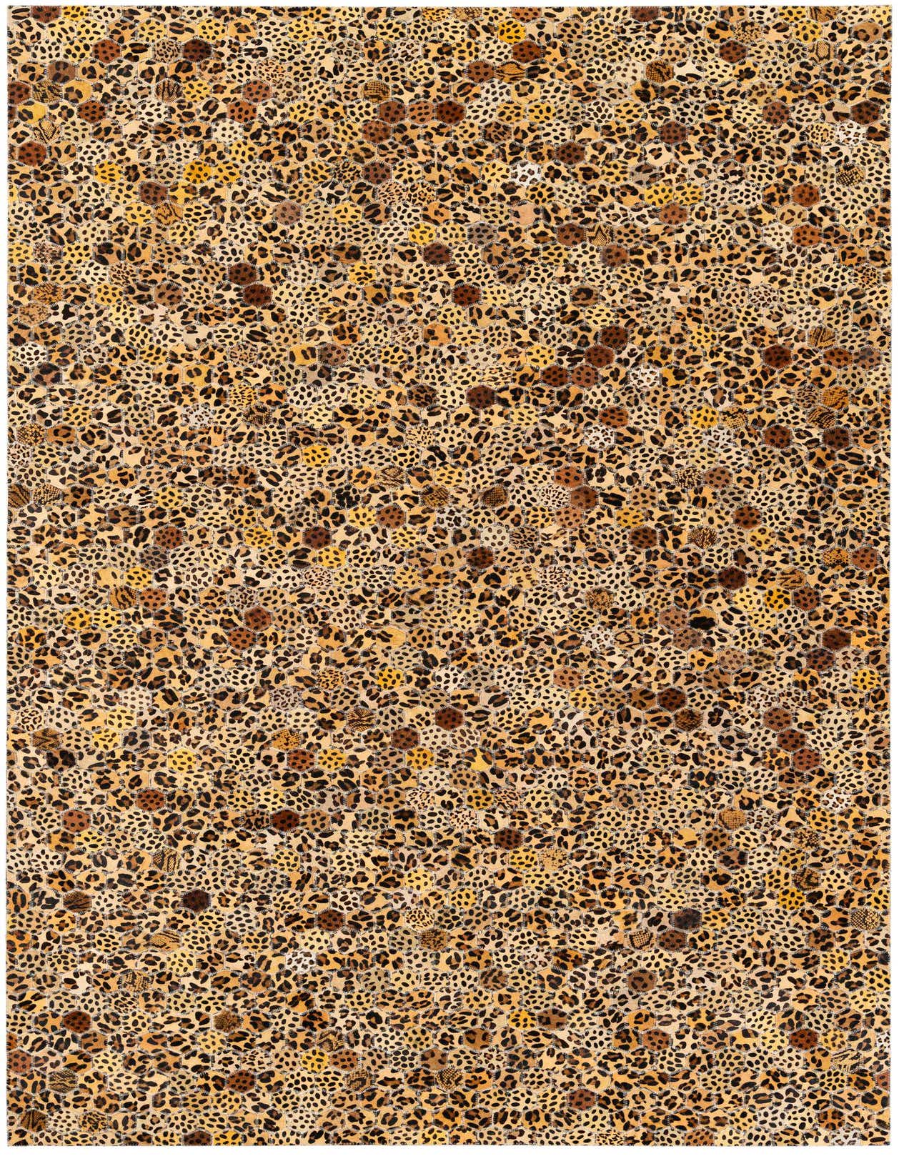A rectangular 5x8 yellow and gold modern cowhide rug with a patchwork leopard print pattern, suitable for a living room or bedroom.