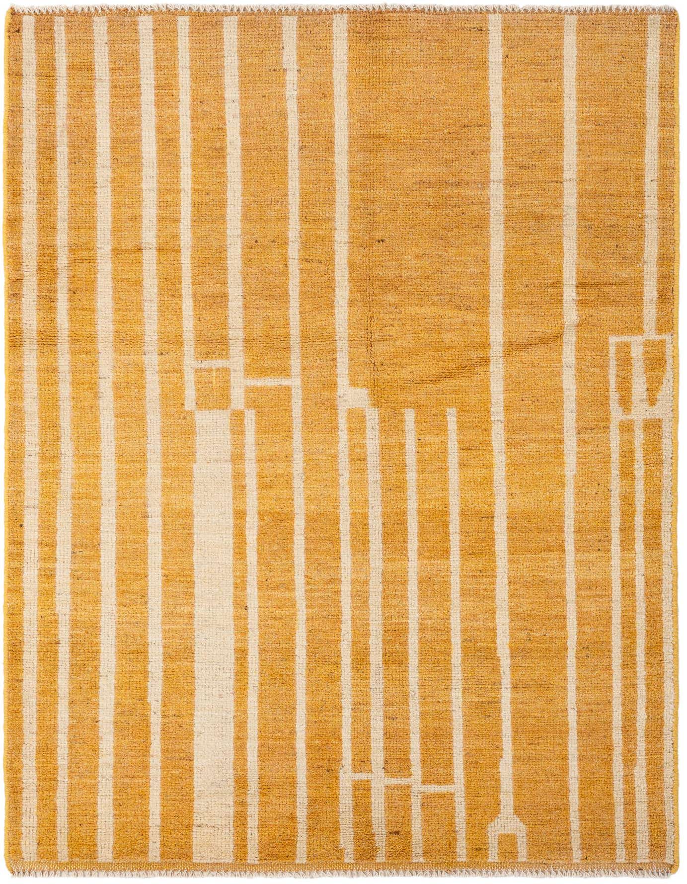 A 4x6 rectangular Darya rug with a modern Oriental pattern featuring vertical yellow and cream stripes.