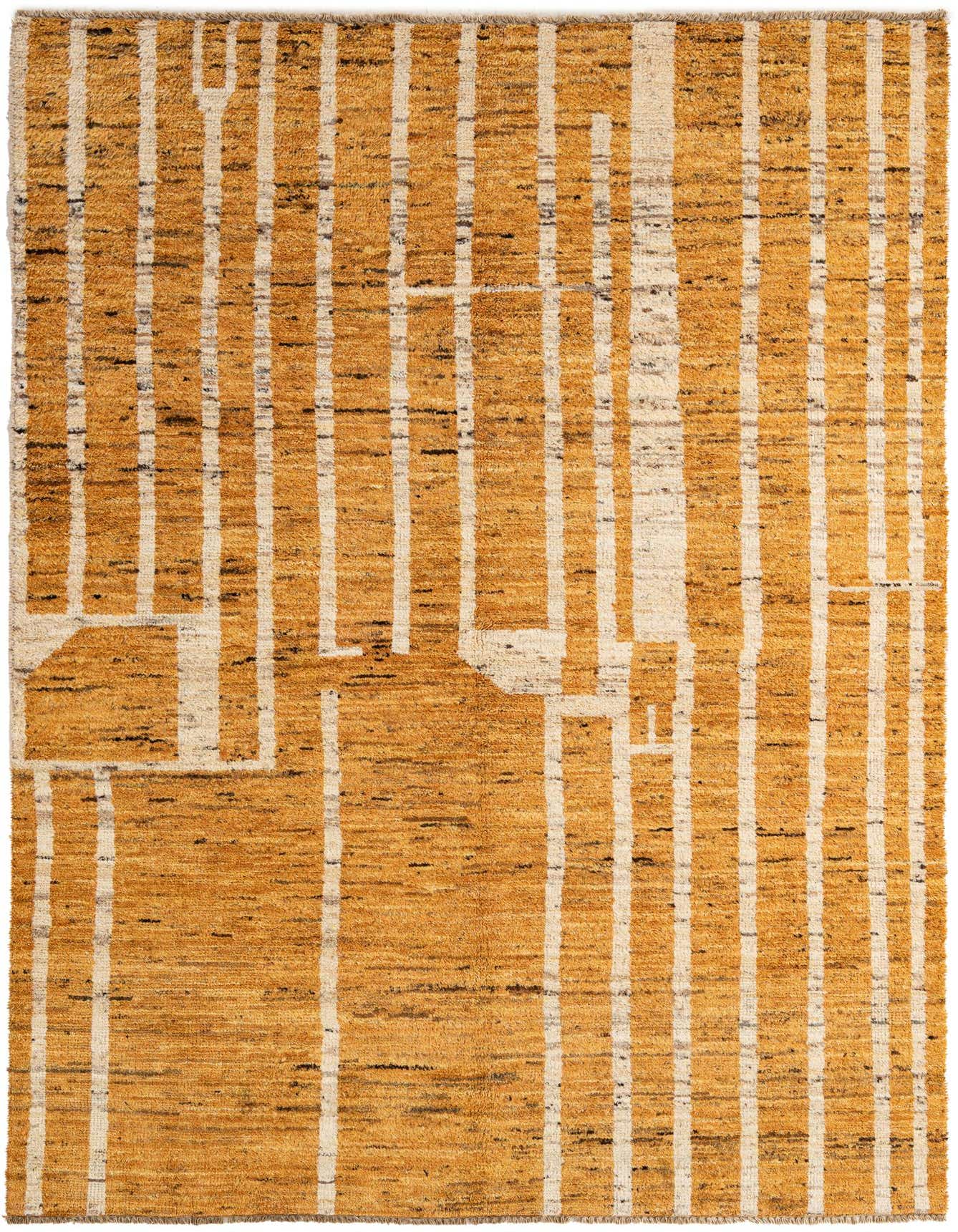 A 5x7 rectangular Darya rug with a modern abstract pattern of vertical white lines on a textured golden yellow background.