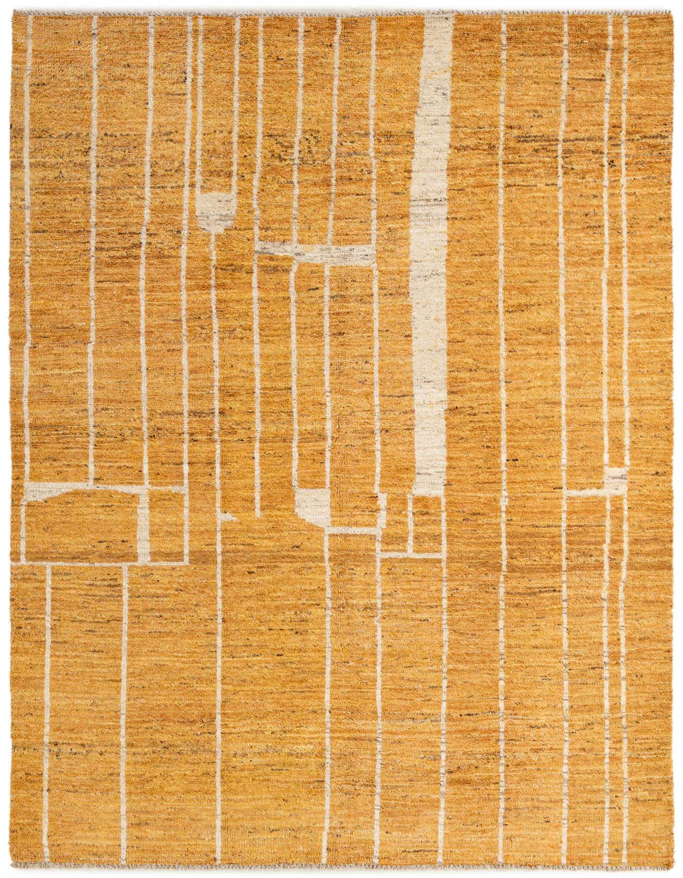 A 5x8 rectangular Darya Collection wool rug in yellows/golds with a modern abstract pattern of white lines and blocks.