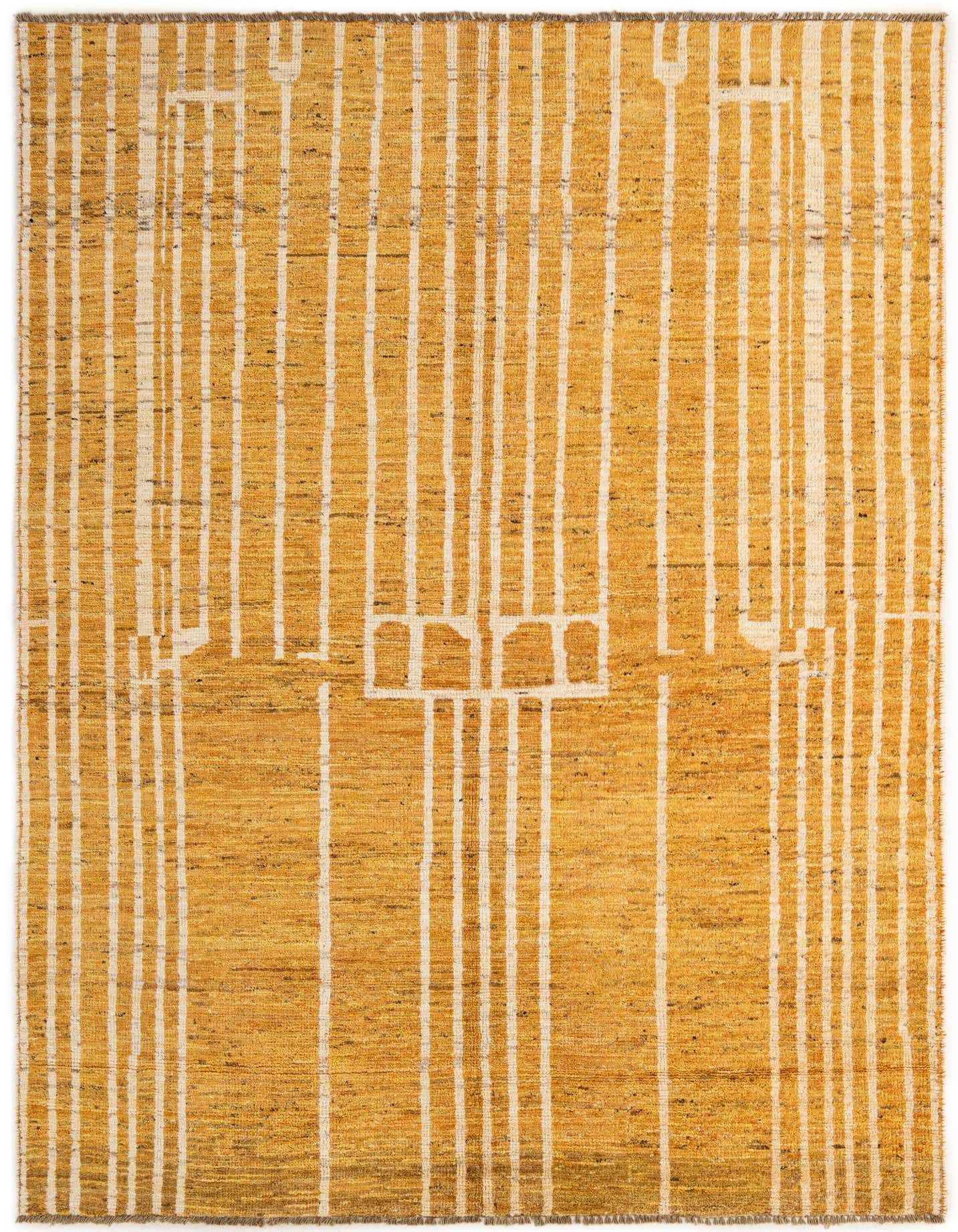 A 5x8 rectangular Darya rug in yellow and gold with a modern abstract pattern of vertical white stripes and geometric shapes.