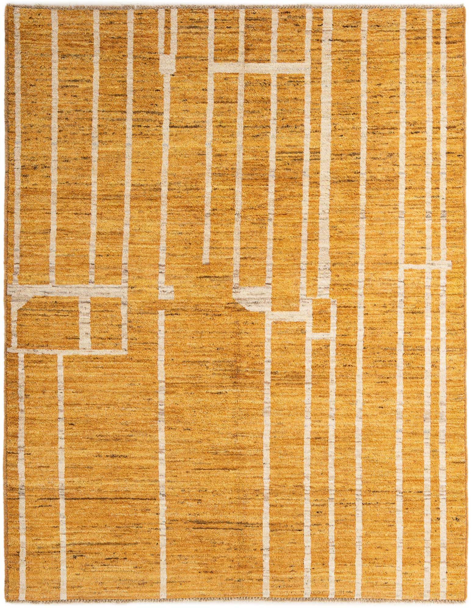 A 5x8 rectangular Darya rug with a high pile, featuring a modern abstract pattern of vertical and horizontal white lines on a textured golden yellow background.