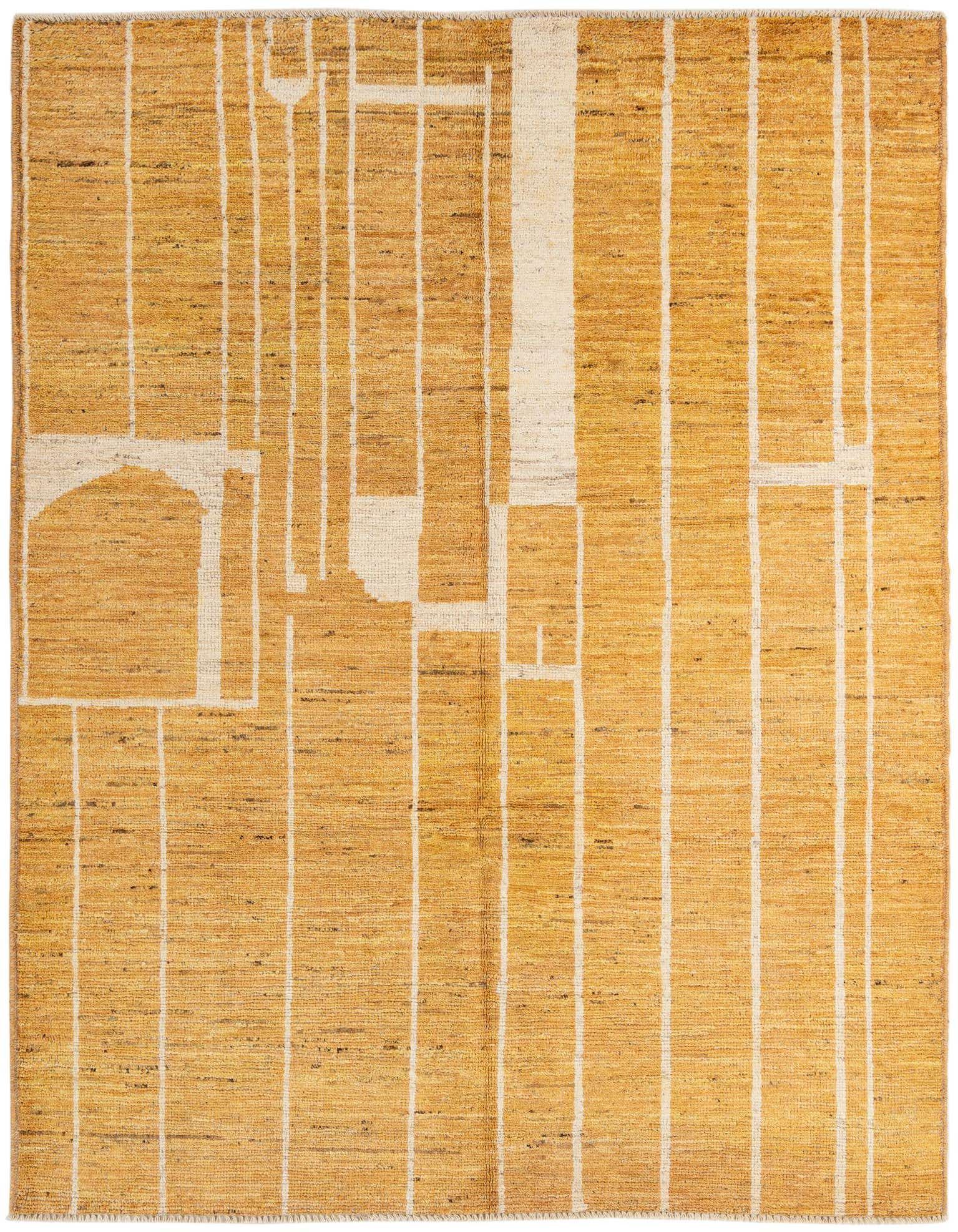 A 6x9 rectangular Darya rug with a modern abstract pattern in yellow and gold, featuring white vertical stripes and geometric shapes.