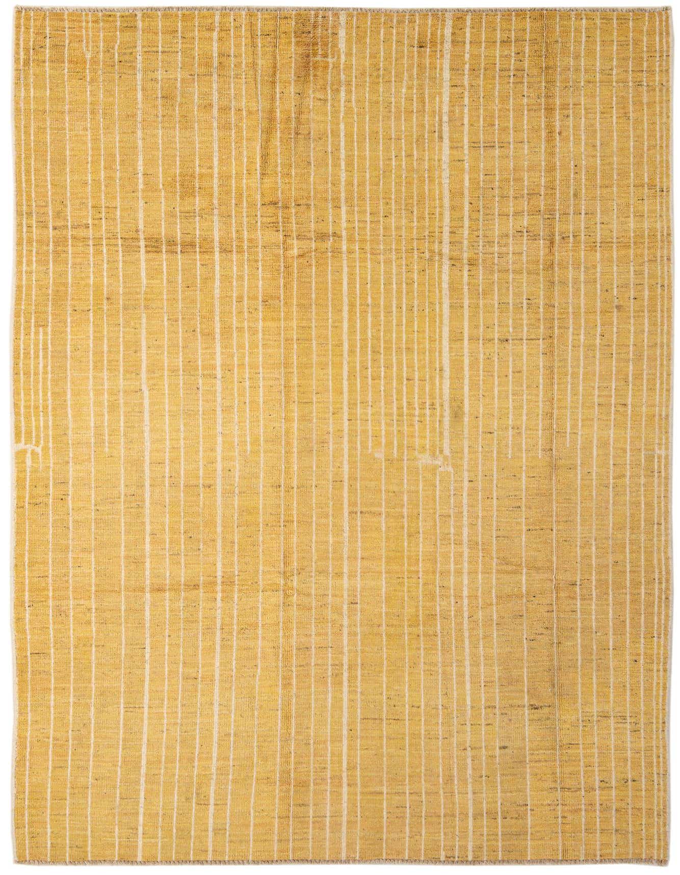 A 6x9 rectangular Darya rug with a modern design featuring vertical white stripes on a golden yellow wool background.