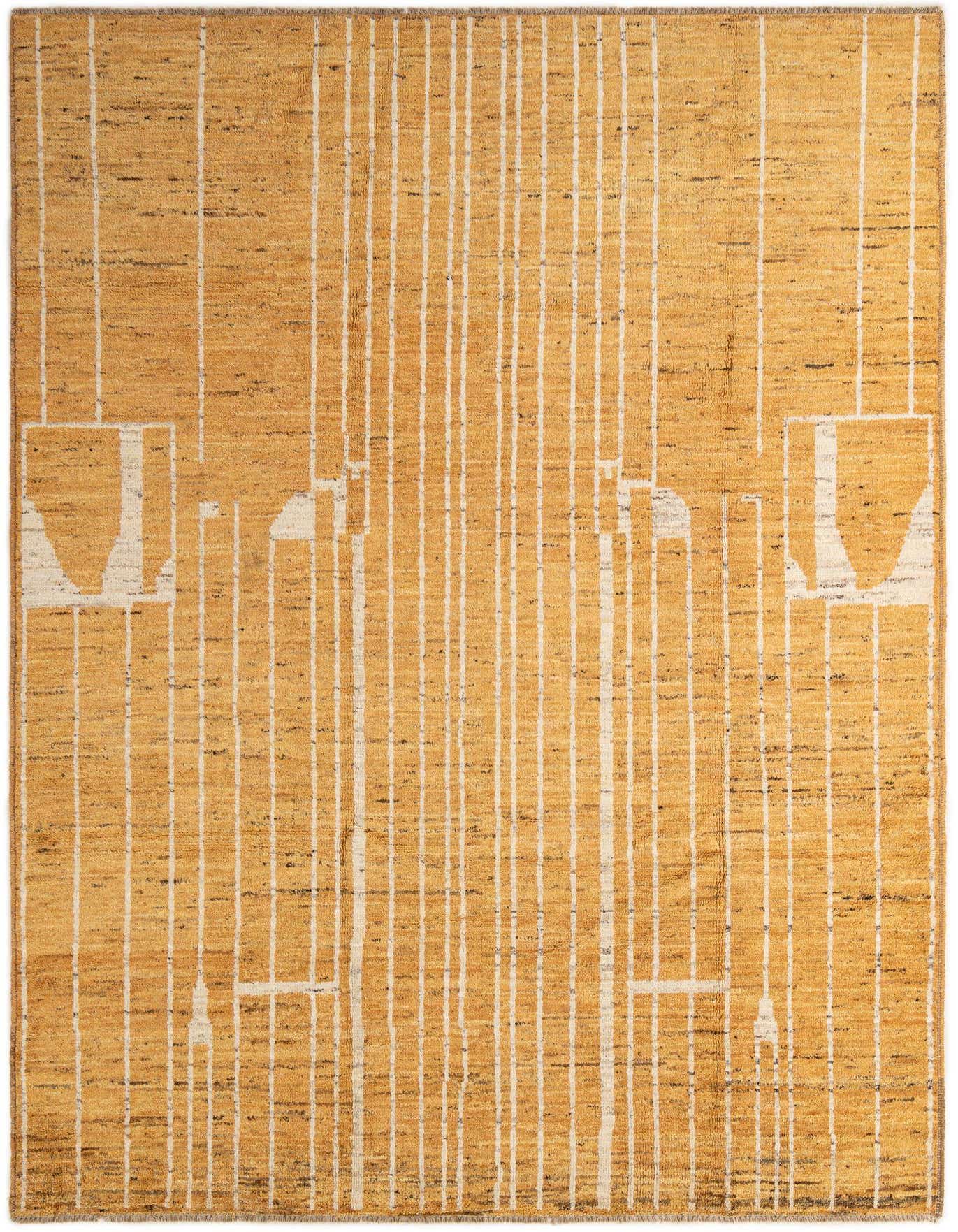 A 7x10 rectangular Darya rug in yellow and gold with a modern striped pattern and abstract white shapes.
