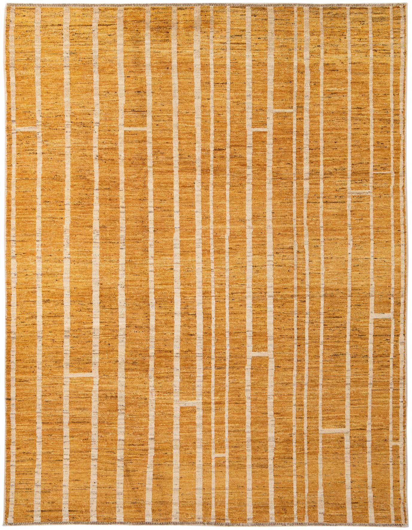 A 6x9 rectangular Darya rug in yellow and gold, featuring a modern striped pattern with subtle horizontal breaks, perfect for a living room.