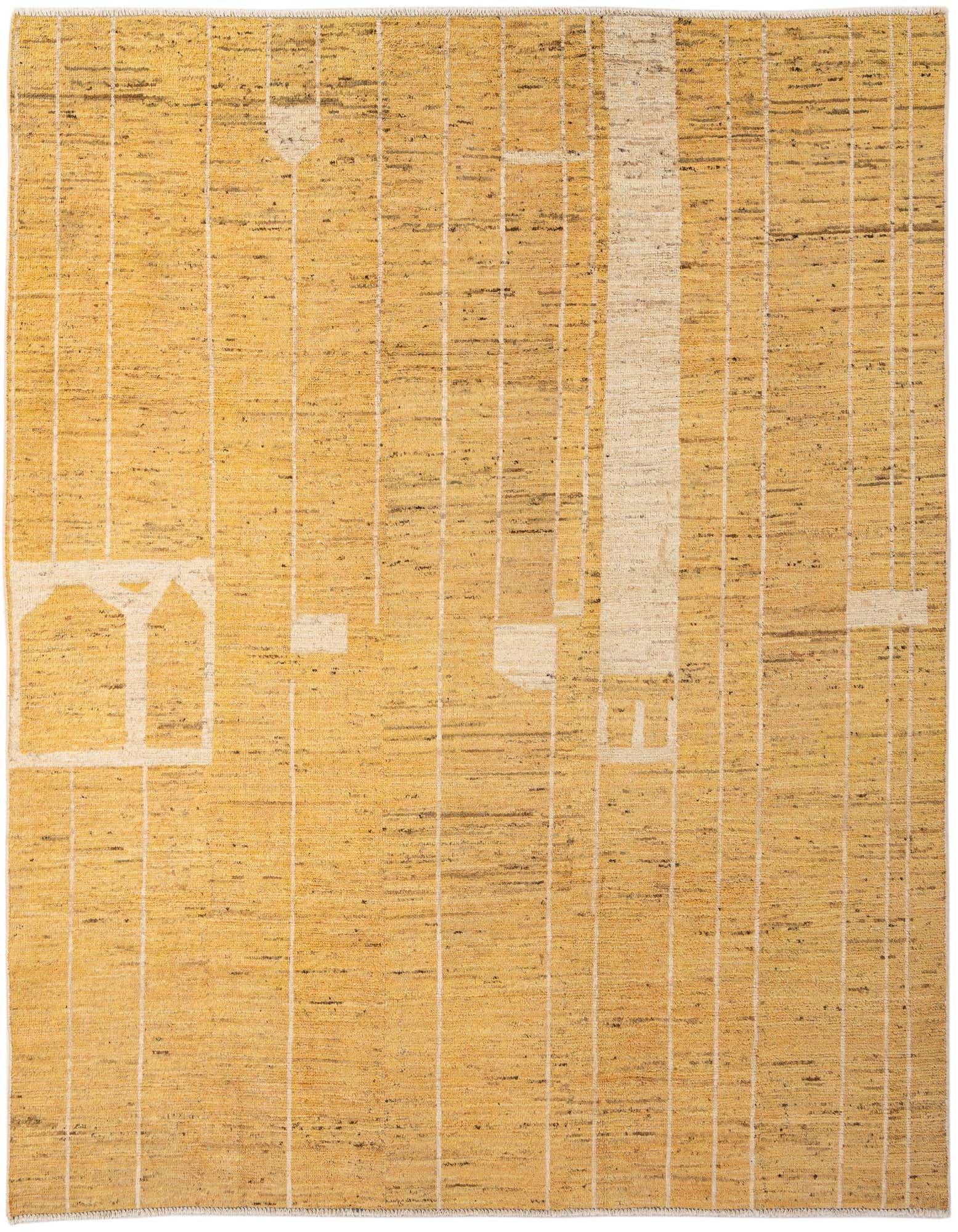A rectangular 8x10 Darya Collection wool rug in shades of yellow and gold with a modern abstract design.