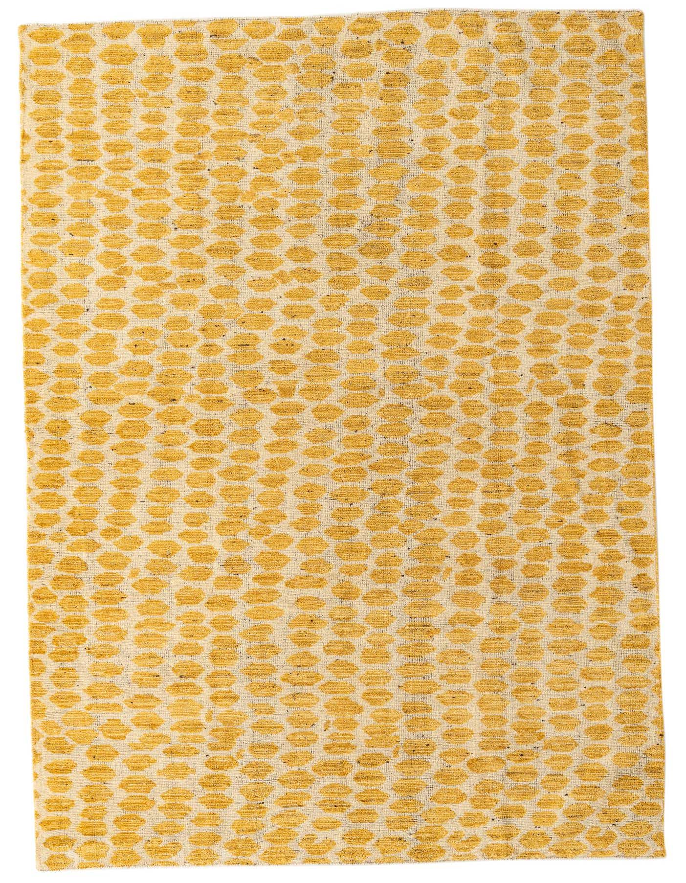 A 6x9 rectangular Darya rug in yellow and cream, featuring a modern abstract dotted pattern on a high pile.