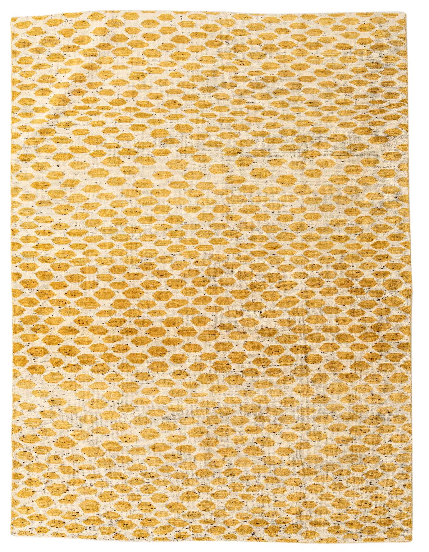 A 6x9 rectangular Darya wool rug with a modern abstract pattern of yellow-gold dots on a cream background.