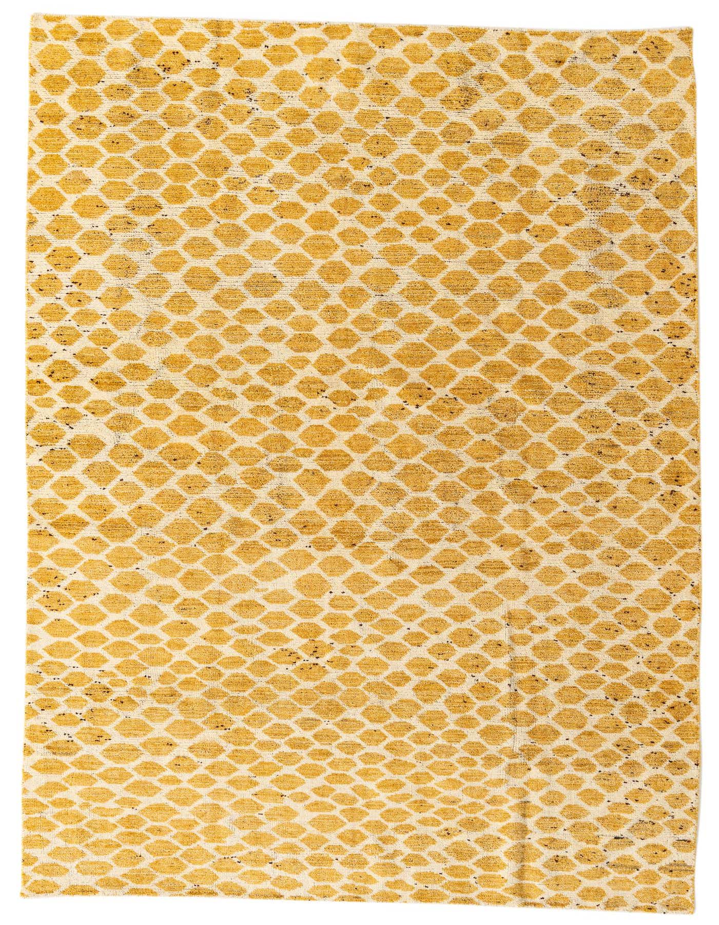 A 6x9 rectangular Darya rug featuring a modern abstract pattern of golden yellow ovals on a cream background.