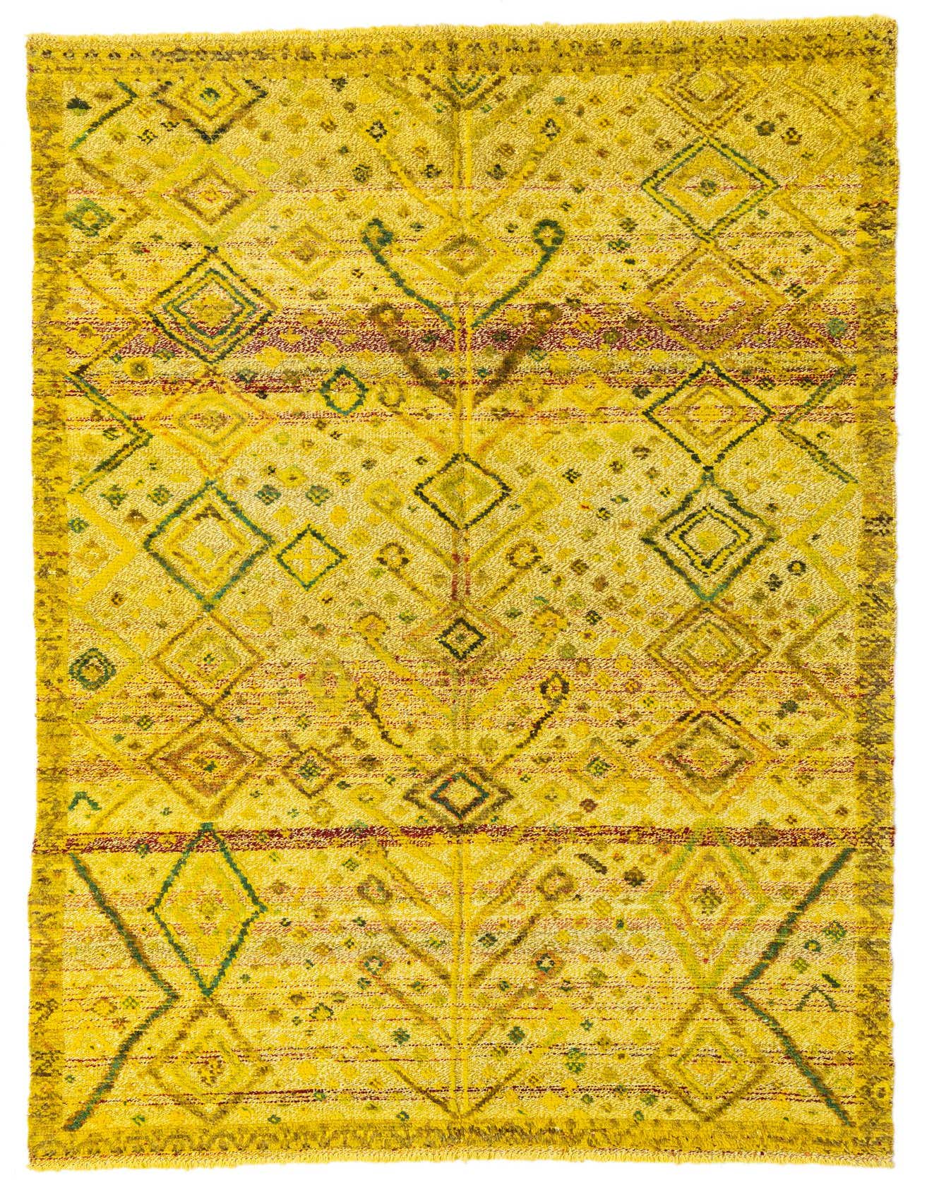 A 5x8 rectangular Darya rug in shades of yellow and gold with a modern abstract pattern, handmade from wool.