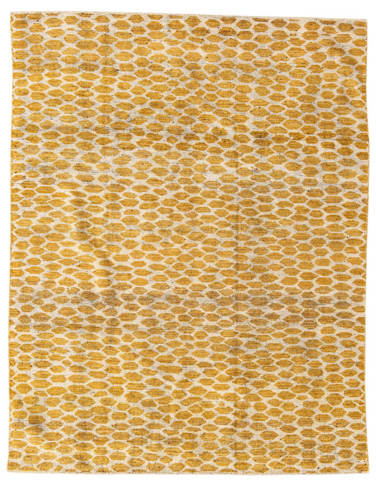 A 6x9 rectangular Darya rug in yellow and white, featuring an abstract, modern honeycomb pattern, ideal for a living room or bedroom.
