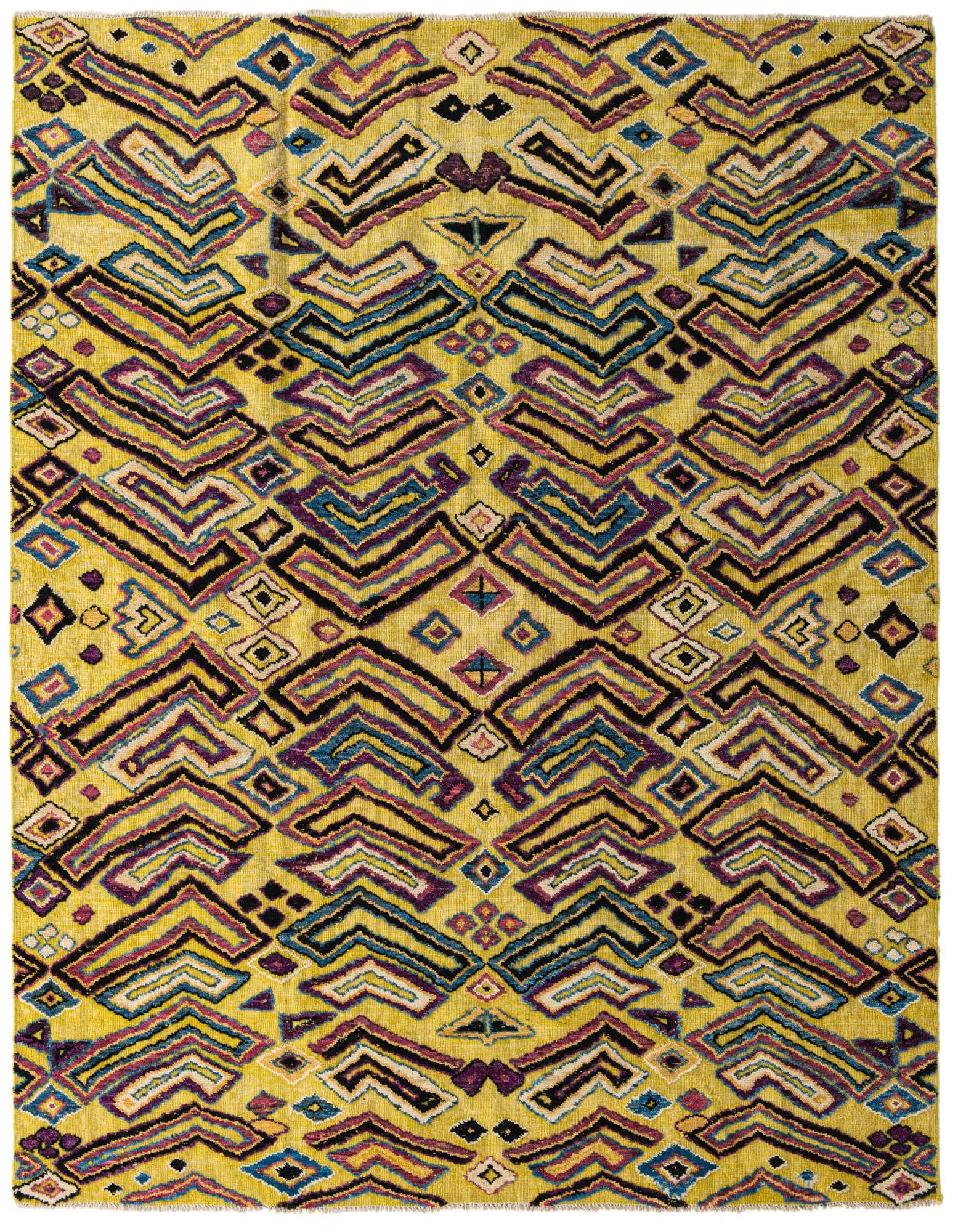 A vibrant 8x10 rectangular Darya rug with a yellow background and a modern abstract pattern in black, purple, blue, and cream.