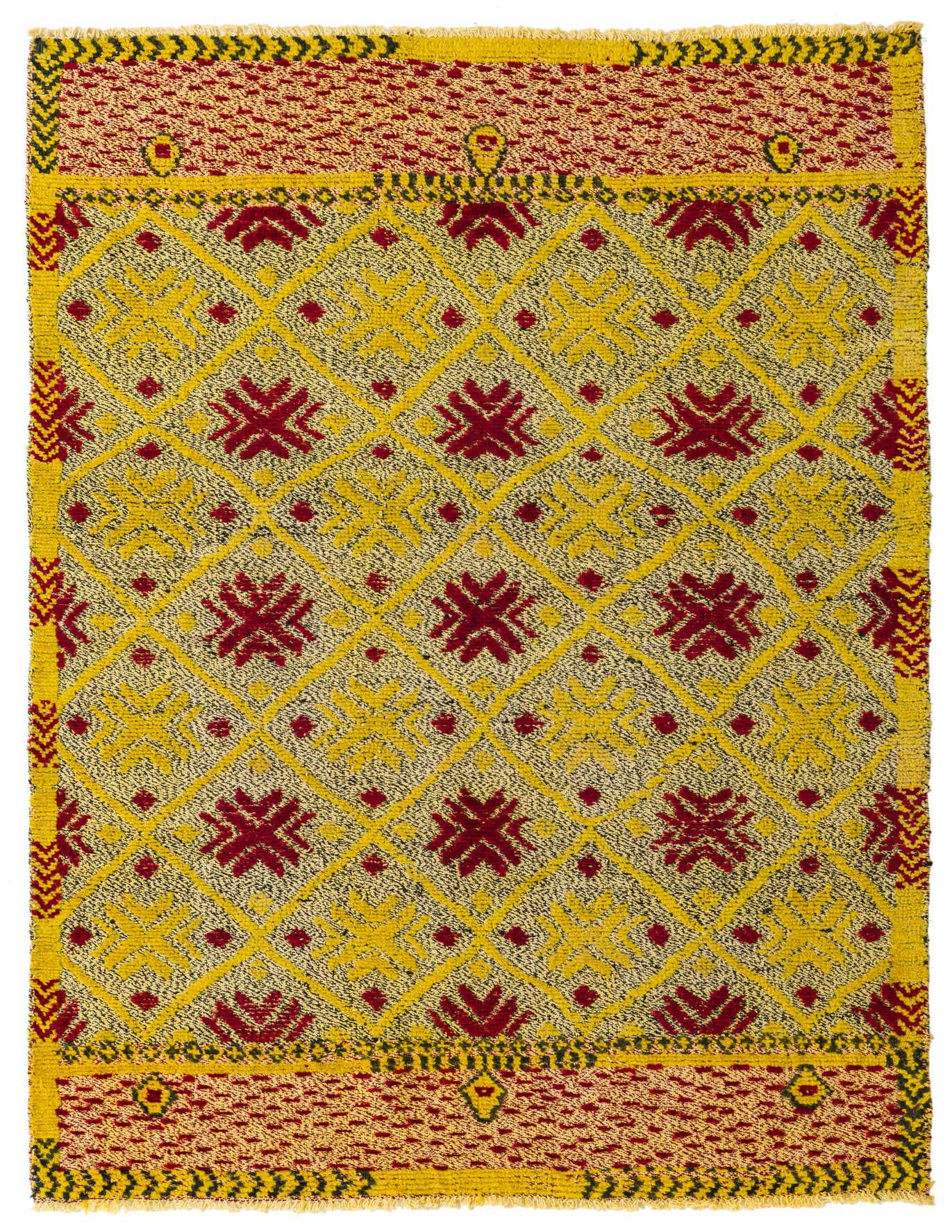 A 5x8 rectangular Darya Collection rug featuring a modern abstract pattern in vibrant yellows, golds, and deep red accents, made from 100% wool.
