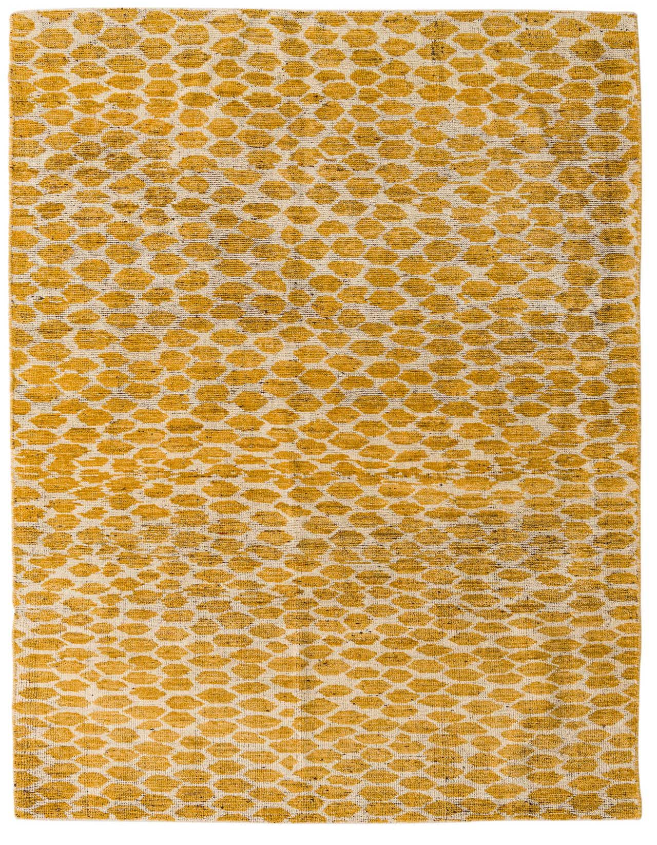 A 5x8 rectangular Darya rug with a modern abstract pattern in varying shades of yellow and gold on a cream background.