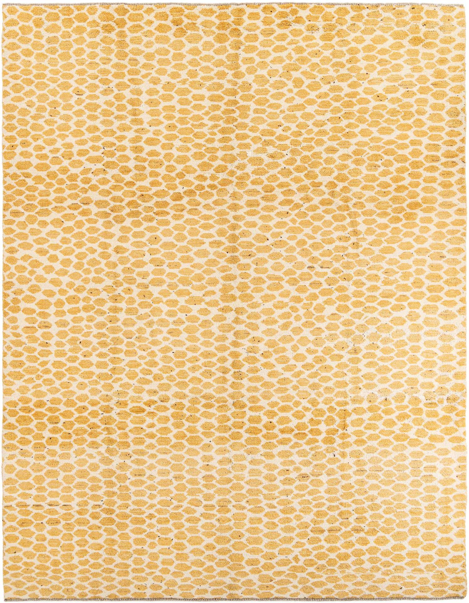 A 9x12 rectangular Darya rug with a modern abstract pattern of yellow-gold organic shapes on an off-white background.