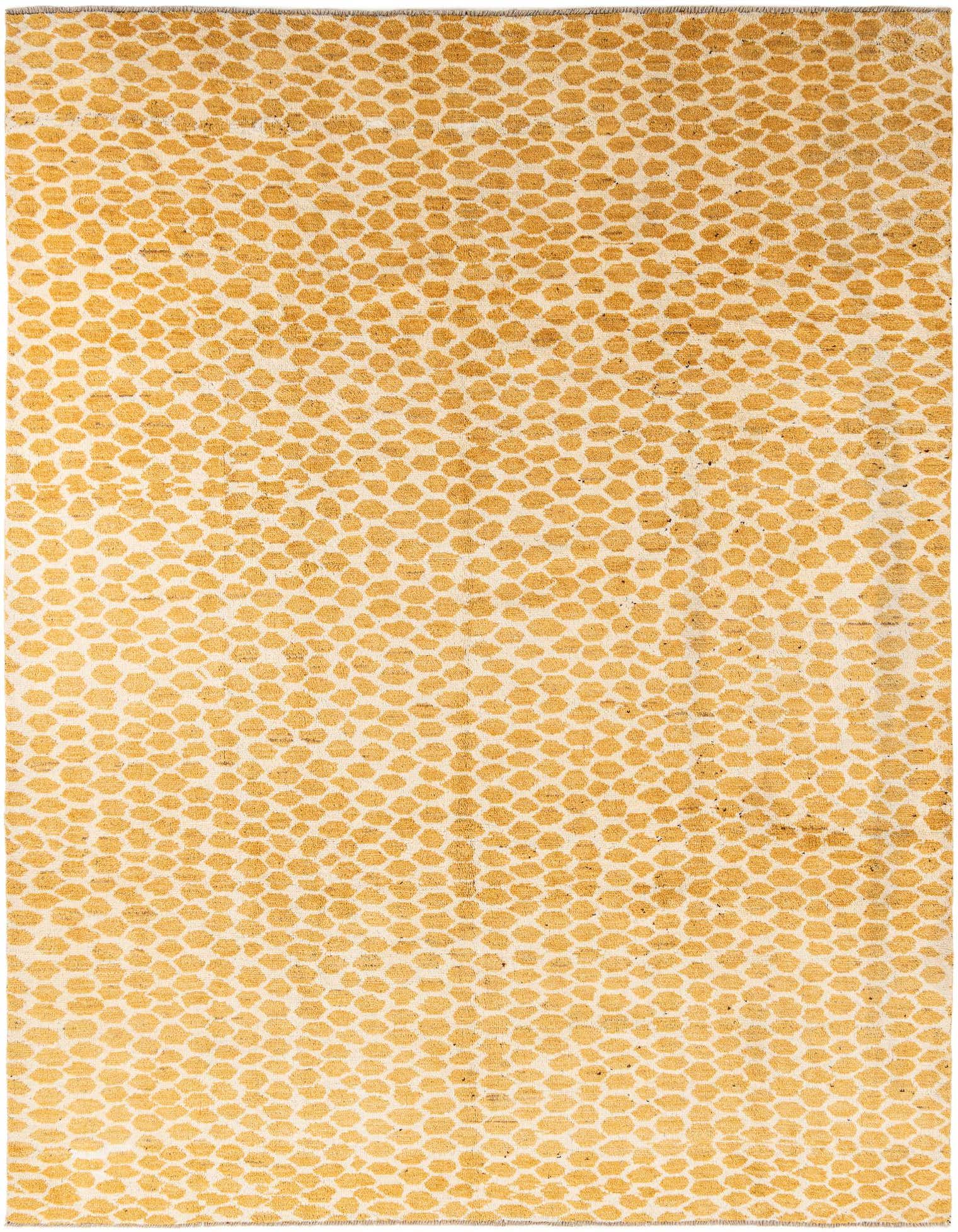A 10x13 rectangular yellow and cream modern abstract wool rug with a high pile, suitable for a living room.