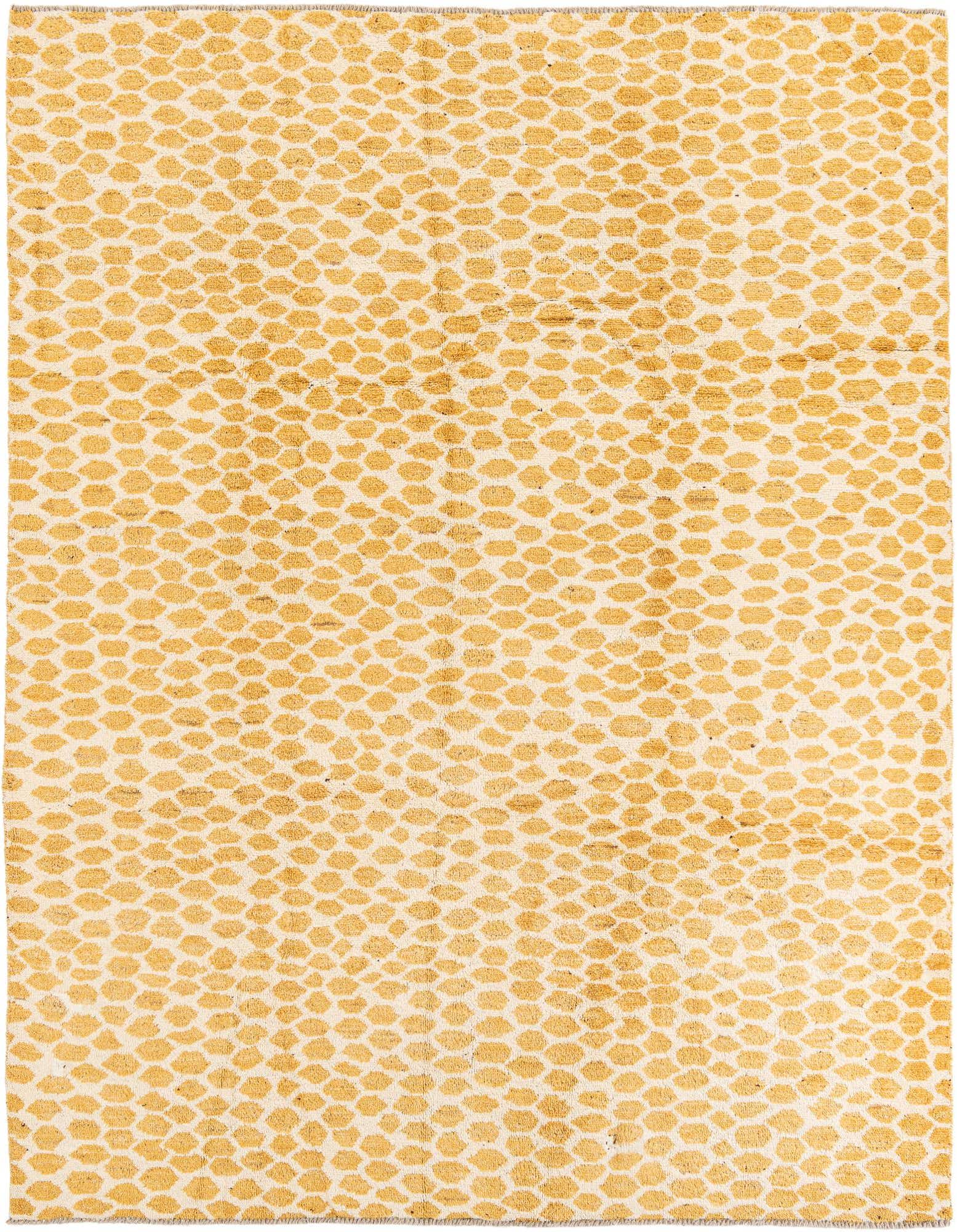 A rectangular 8x10 Darya rug with a modern abstract pattern of organic yellow shapes on a cream background.