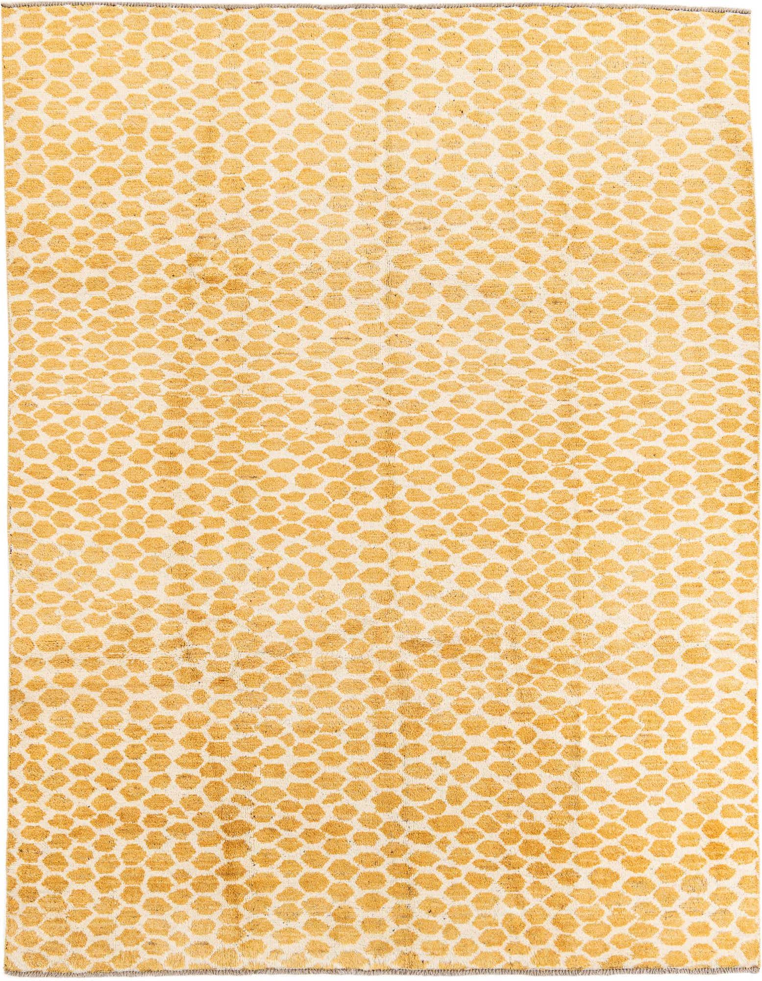 A rectangular 8x10 Darya wool rug featuring a modern floral pattern in varying shades of yellow and gold on a cream background.