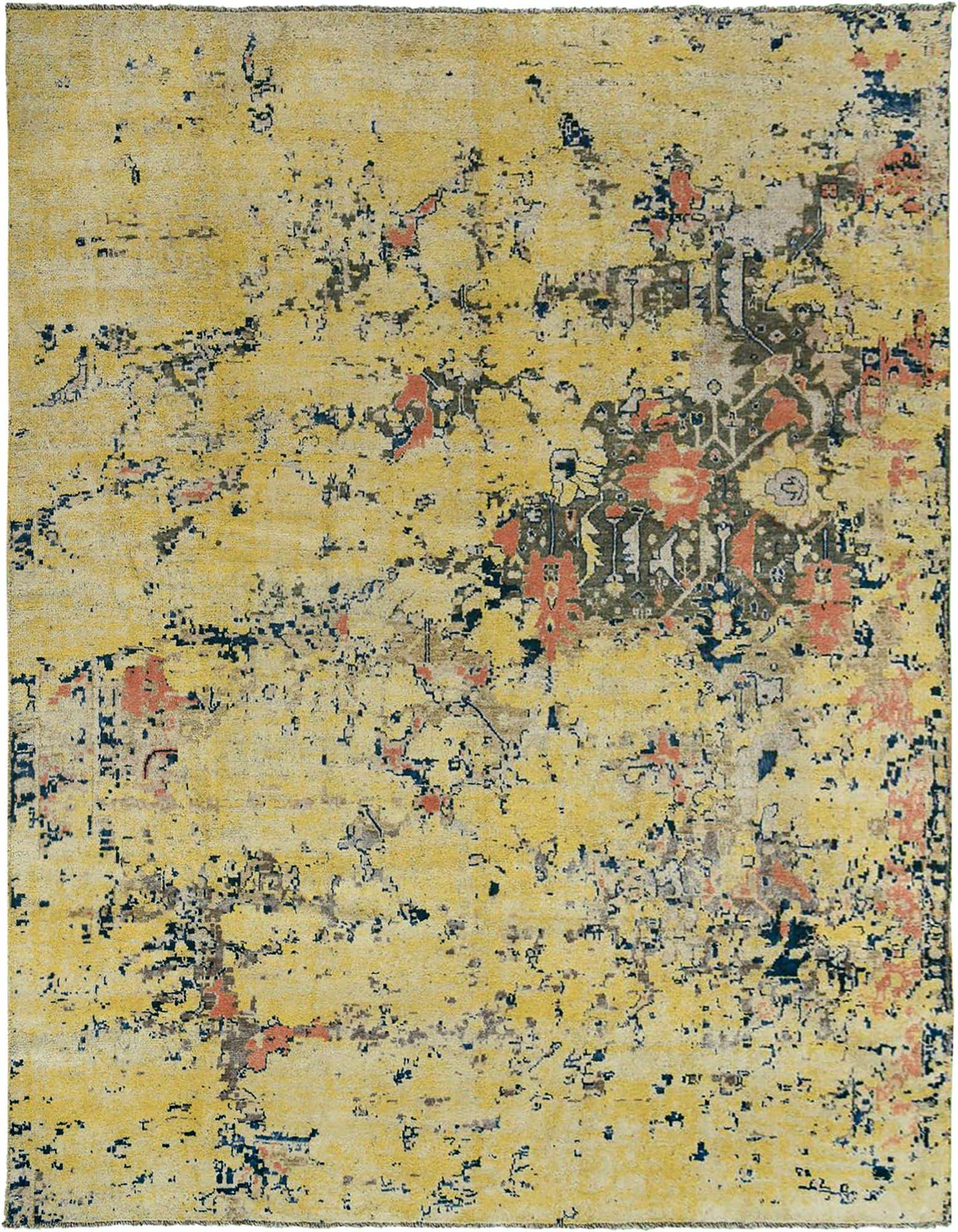 A large 12x15 rectangular Darya Collection rug featuring a modern abstract design with a dominant yellow and gold background, accented by distressed patterns in dark blue, brown, and hints of coral.