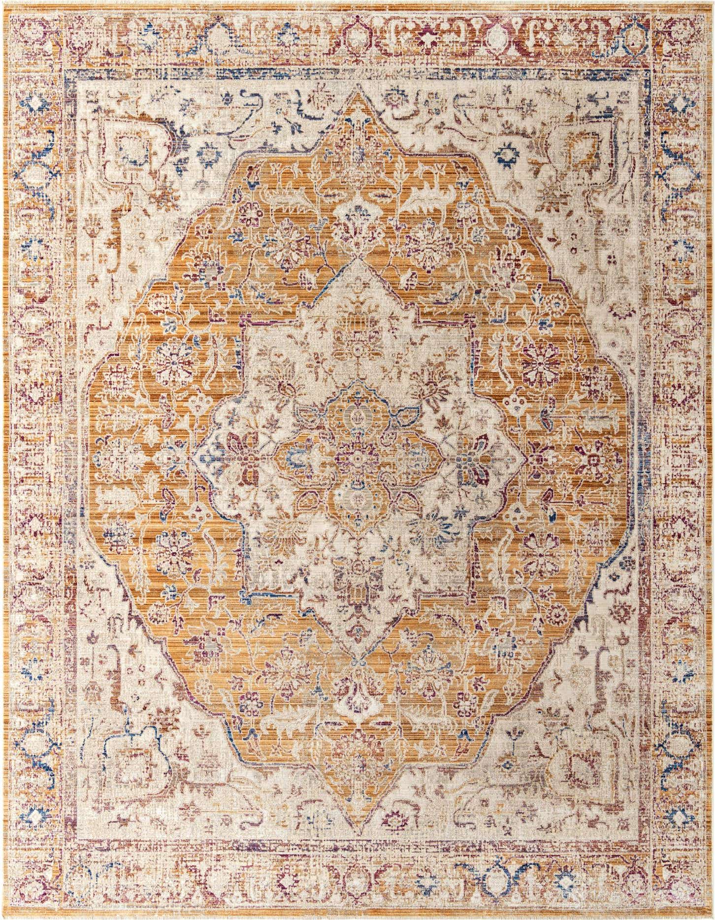 A 10x14 rectangular Deepa rug featuring a distressed traditional medallion pattern in yellows, golds, and muted blues.