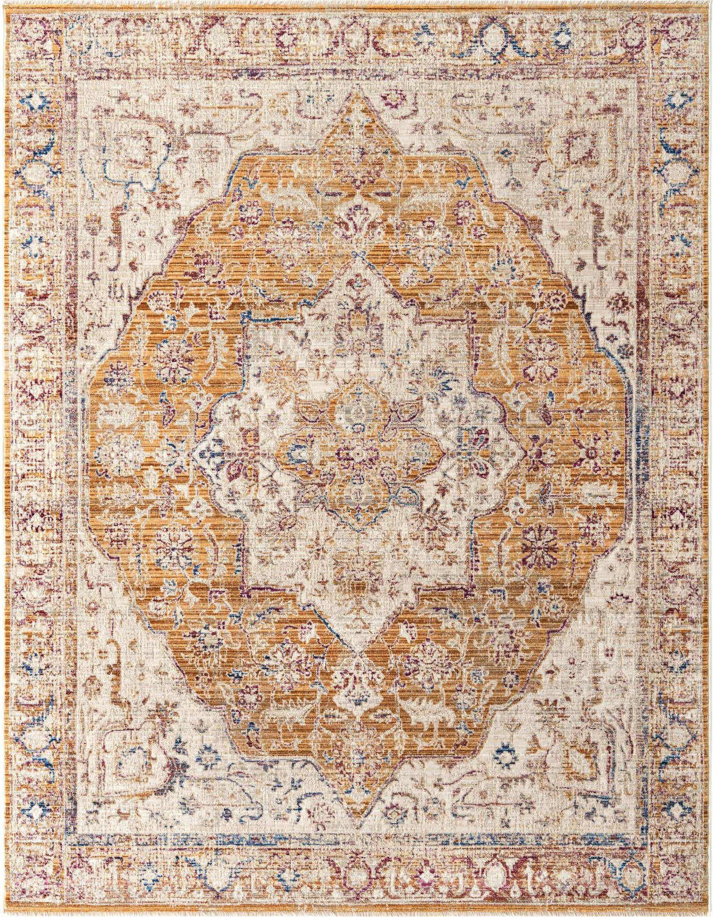 A 6x9 rectangular Deepa rug featuring a distressed gold medallion pattern on a cream background with blue and purple accents.