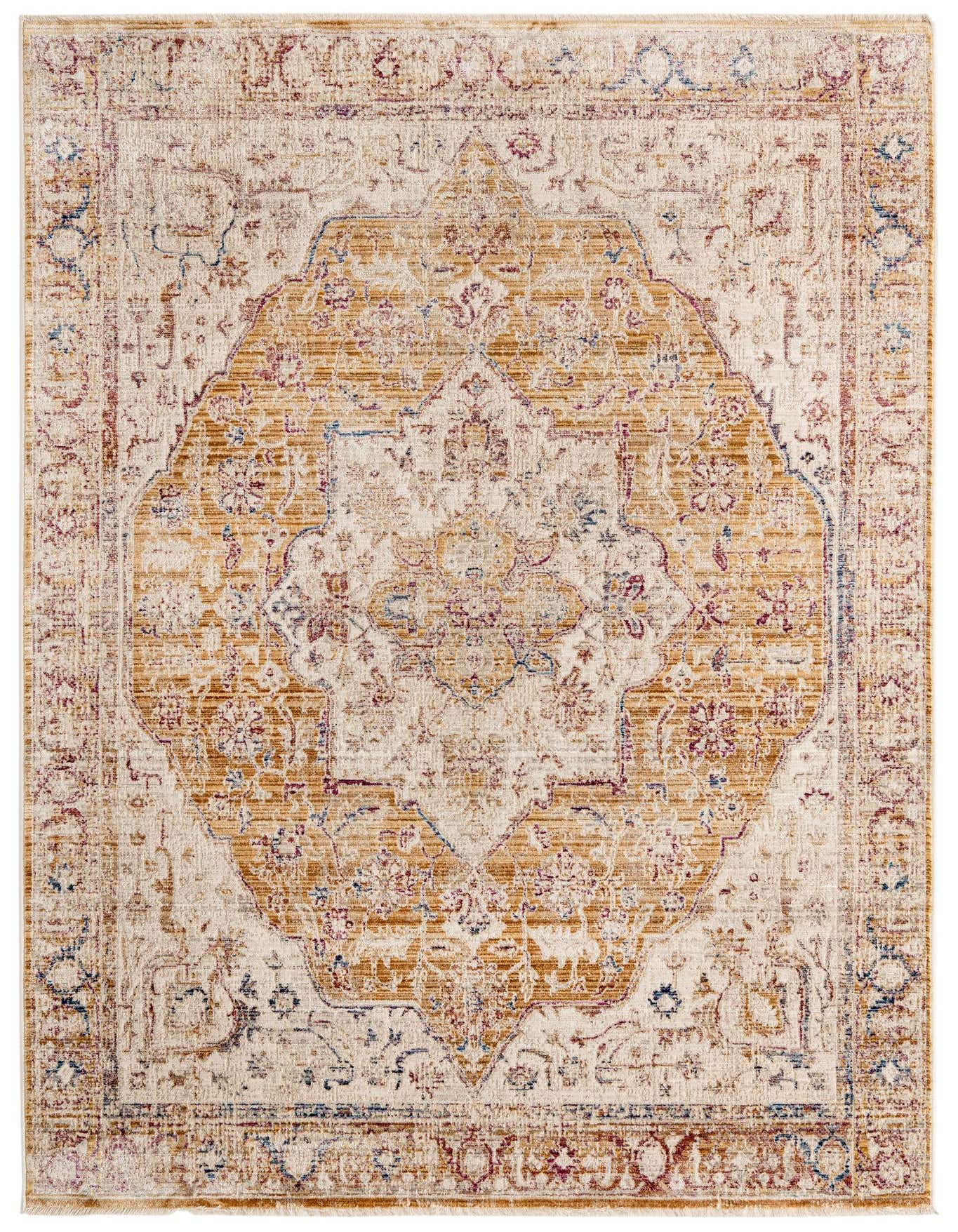 A 5x8 rectangular Deepa rug featuring a distressed gold medallion and traditional floral patterns on a cream background, with hints of blue and red.