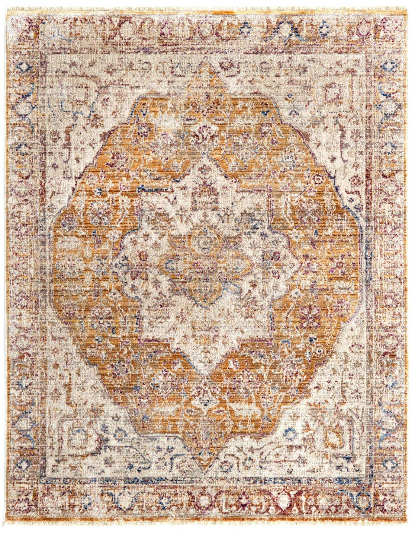 A 4x6 rectangular Deepa rug featuring a distressed traditional medallion pattern in yellows, golds, and muted blues.