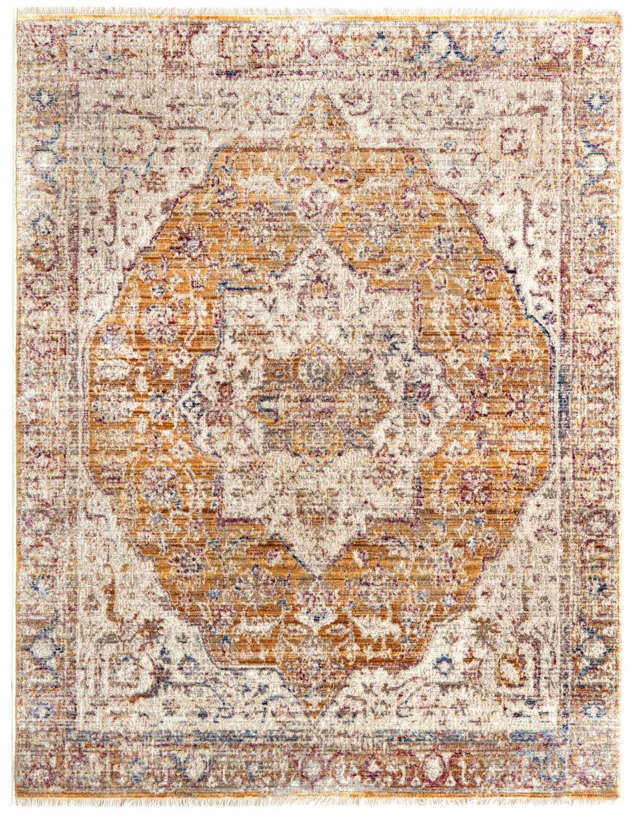 A 3x5 rectangular Deepa rug featuring a distressed gold medallion pattern on a cream background with hints of blue and purple.