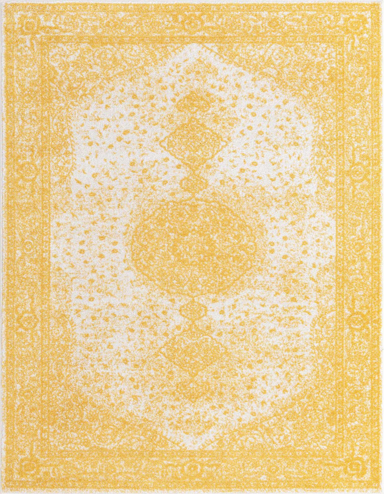 A 5x8 rectangular yellow and white shabby-chic area rug with a faded medallion pattern, suitable for a living room.