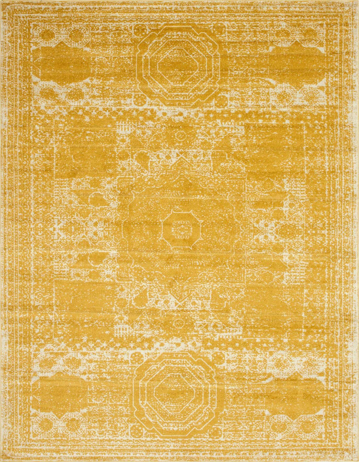 A 10x14 rectangular yellow and gold area rug featuring a distressed medallion and bohemian pattern.