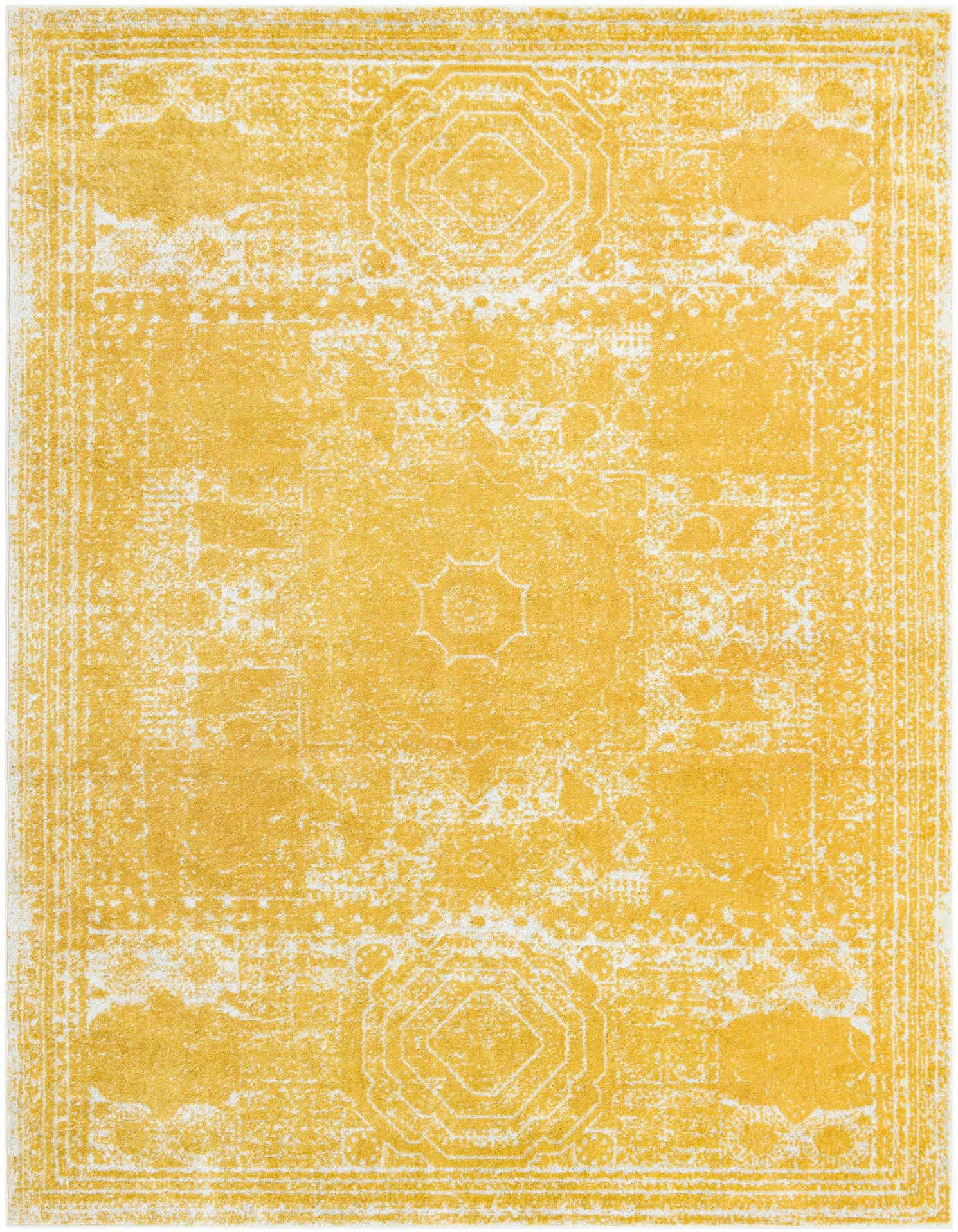 A 9x12 rectangular yellow and white shabby-chic rug with a distressed medallion pattern, suitable for a living room.