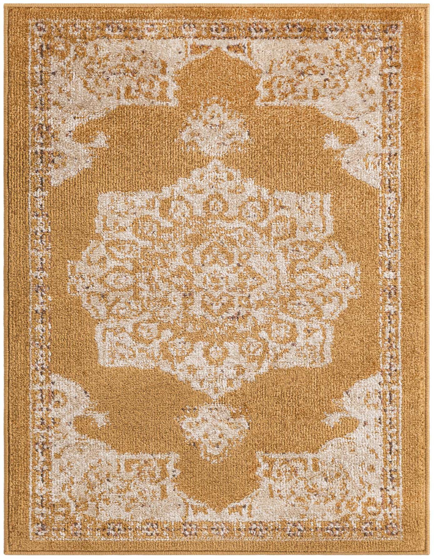 A 2x3 rectangular Eden collection rug featuring a distressed gold medallion pattern on a yellow background, with a subtle border.