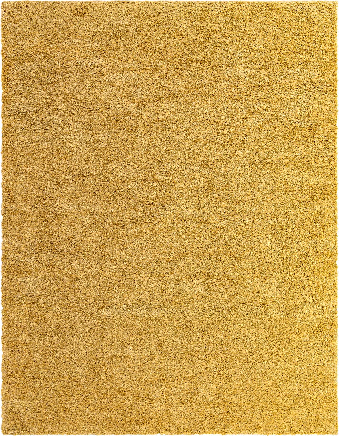 A large 10x14 rectangular yellow shag rug with a soft, textured pile, suitable for a modern living room or bedroom.