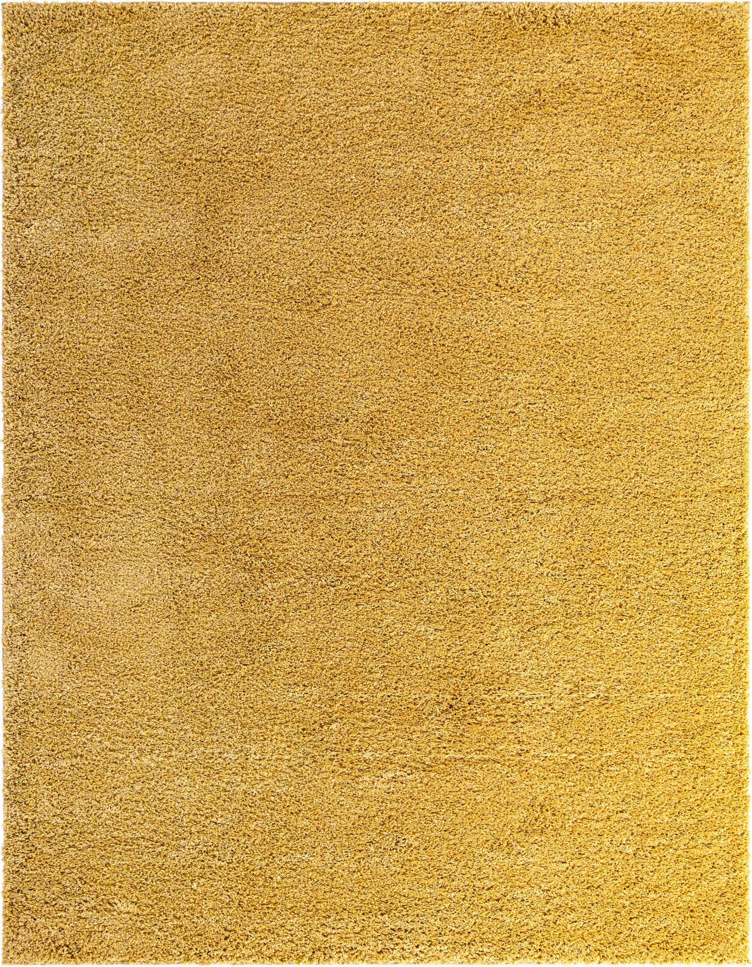 A large 9x12 rectangular shag rug in a vibrant golden yellow color, featuring a soft, textured pile.