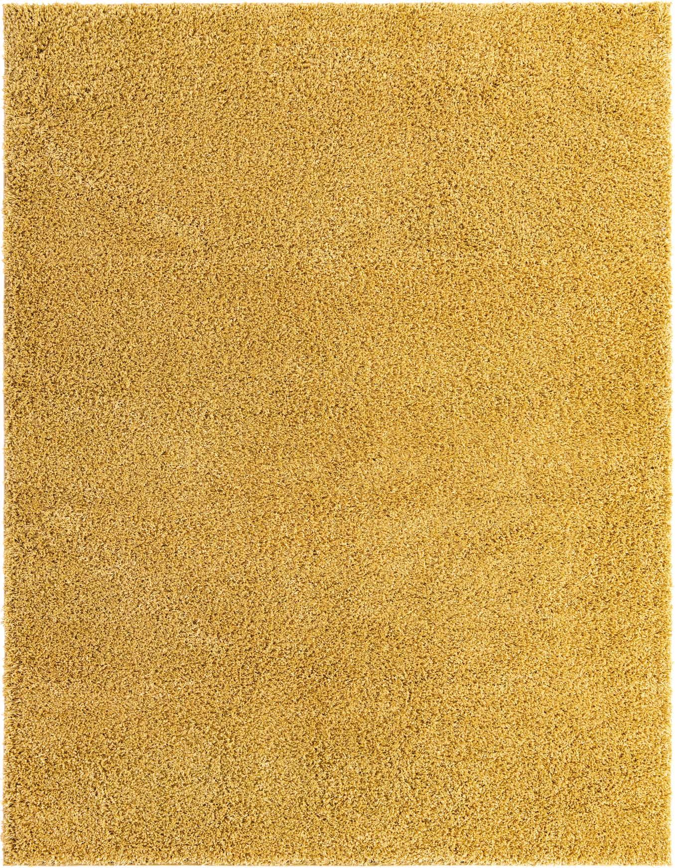 A soft 8x11 rectangular shag rug in a vibrant yellow-gold color, perfect for a modern living room or bedroom.