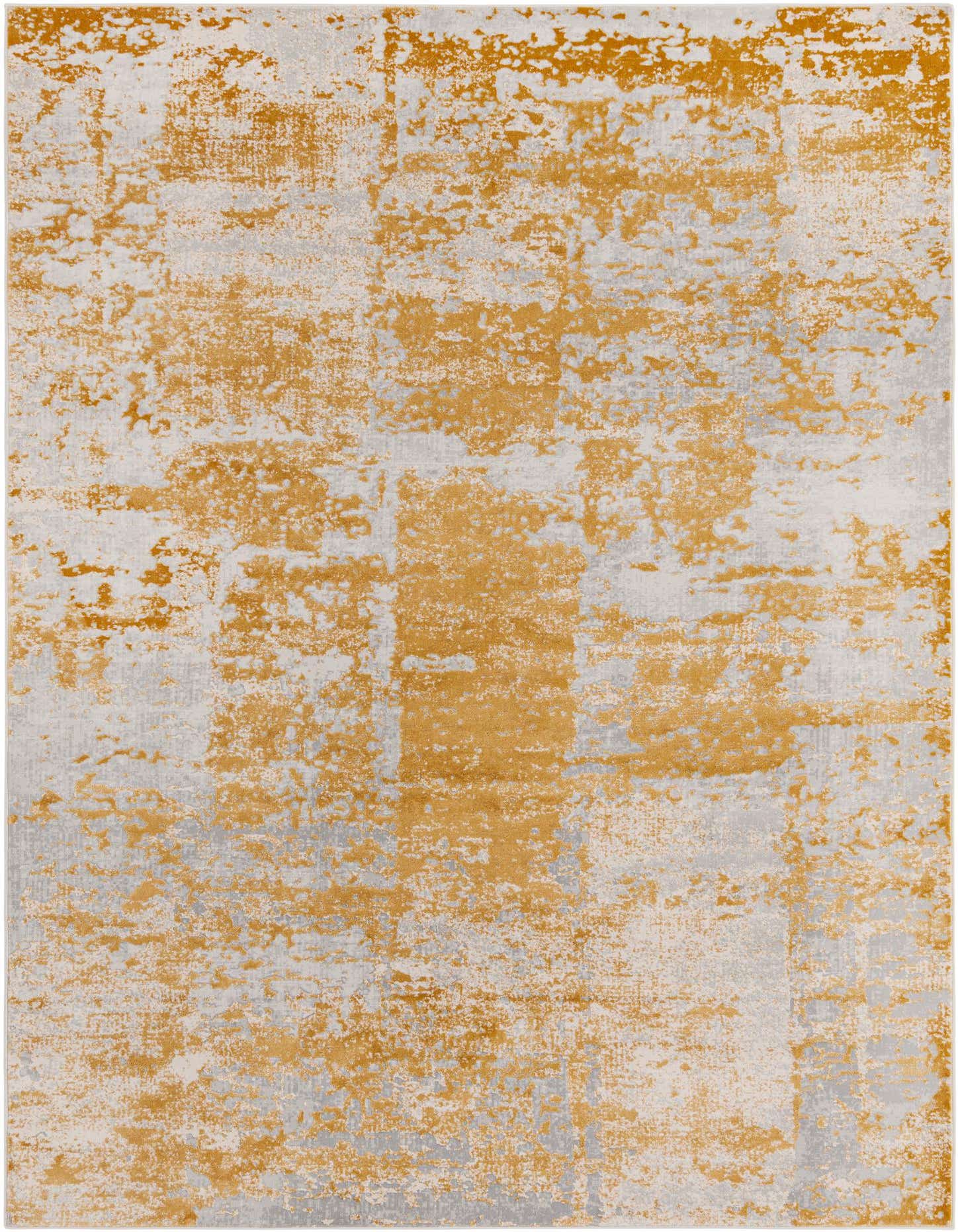 A 7x10 rectangular modern abstract rug in shades of yellow and gold with a distressed, high/low pile texture.