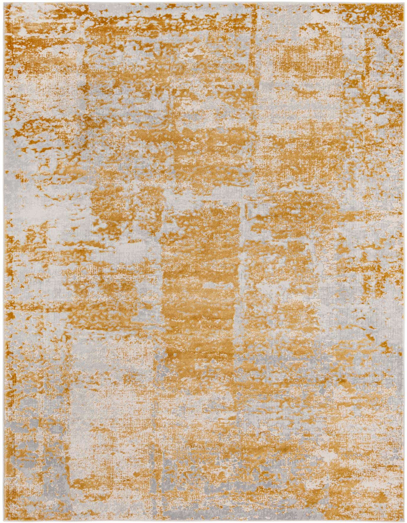 A 6x9 rectangular Finsbury area rug featuring a modern abstract pattern in varying shades of yellow and gold over a light gray base.